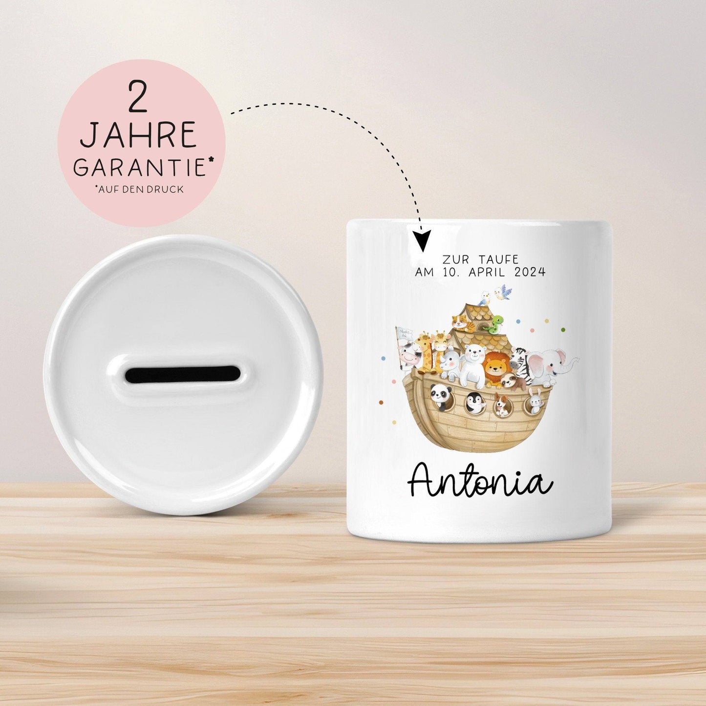 Arche Noah Spardose mit Name Taufgeschenk Spardose Kind Geldgeschenk Taufe Geschenke Babygeschenke Baby personalisiert Geburt Geschenke kleinebuchstaben
