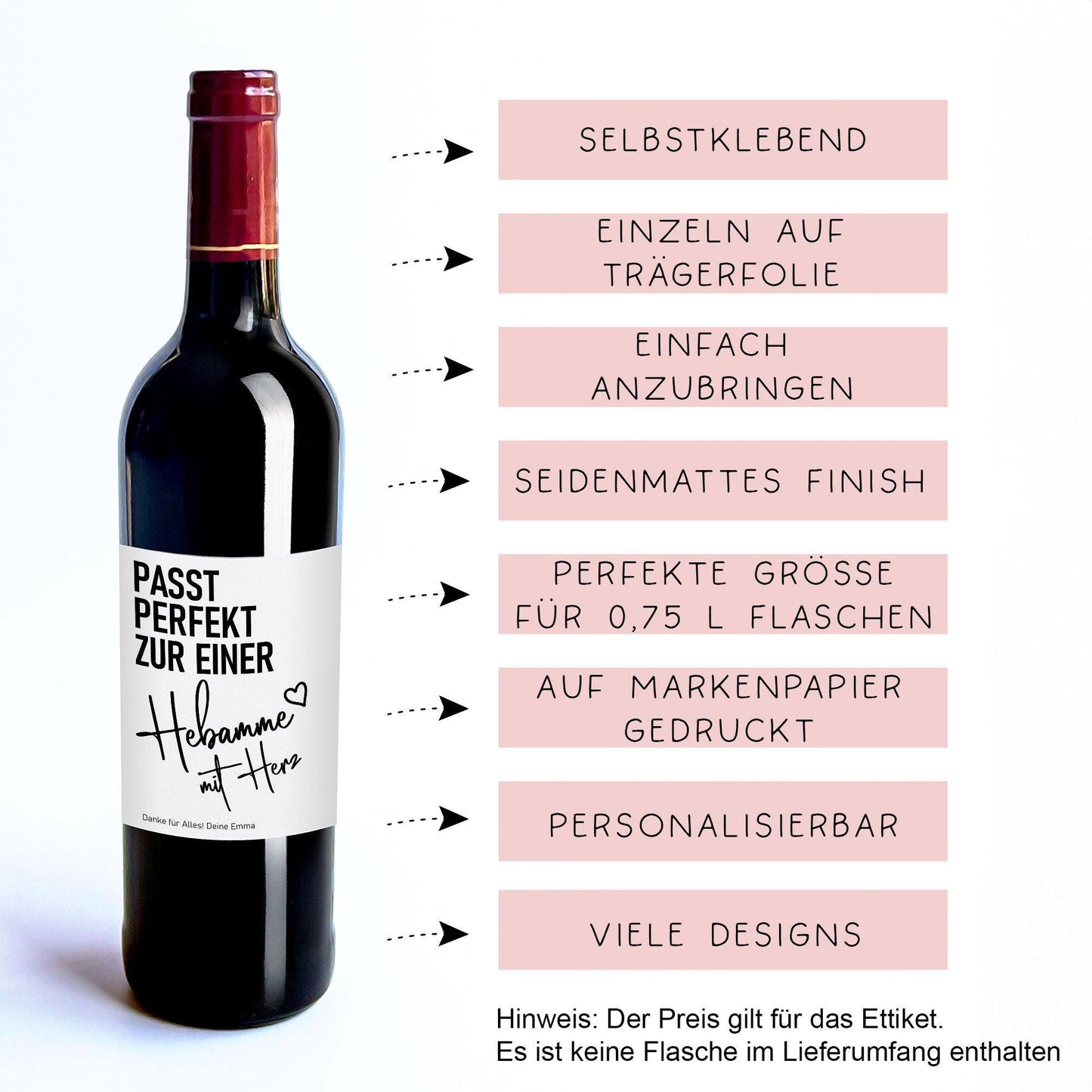 Personalisiertes Weinetikett Hebamme mit Herz Flaschenetikett Geschenk - Schwangerschaft - Geburt Geschenk - Name - Dankeschön - Etikett kleinebuchstaben