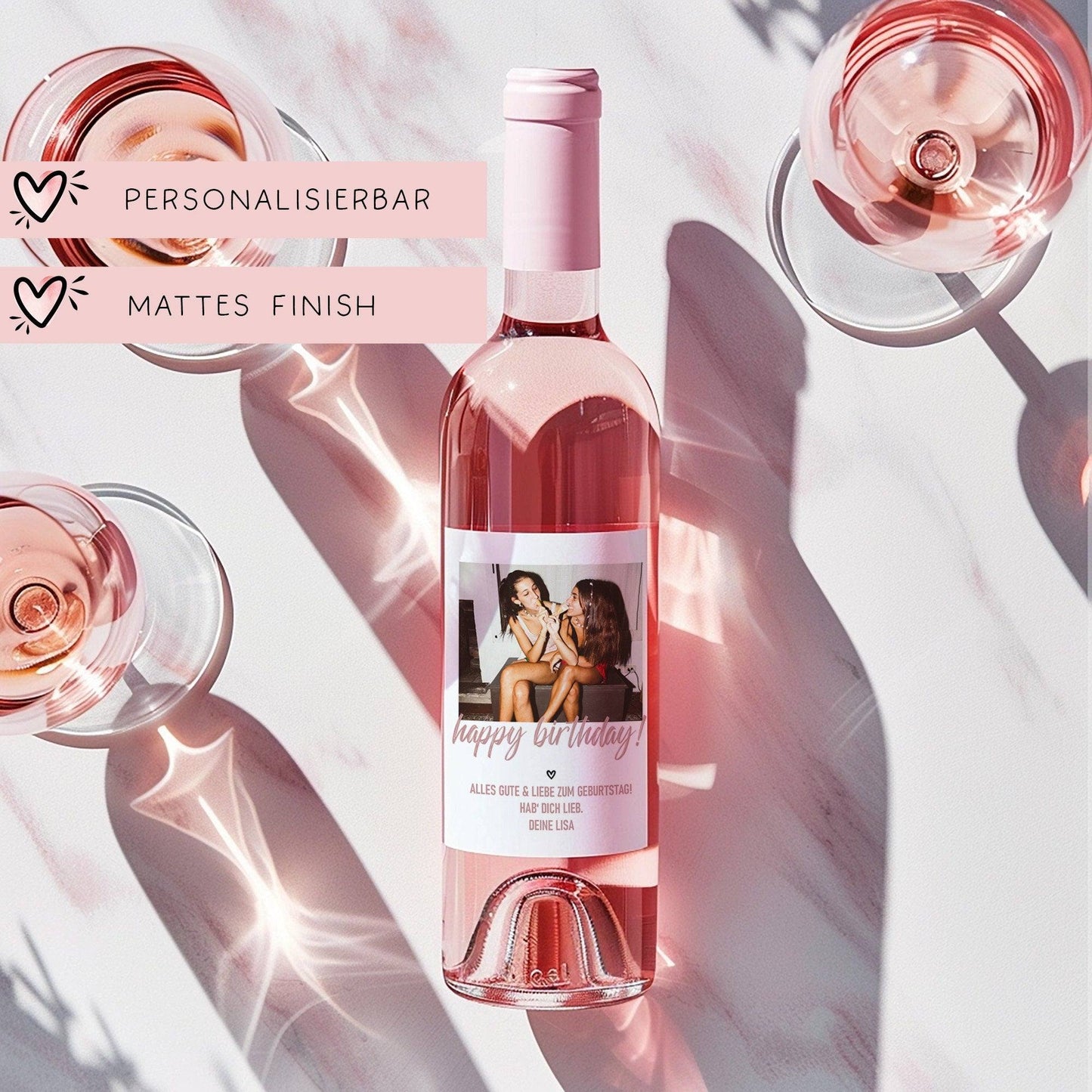 Personalisiertes Weinetikett "Happy Birthday", Geburtstags-Flaschenetikett mit Foto & Namen, ideales Geschenk mit Foto - rosa kleinebuchstaben