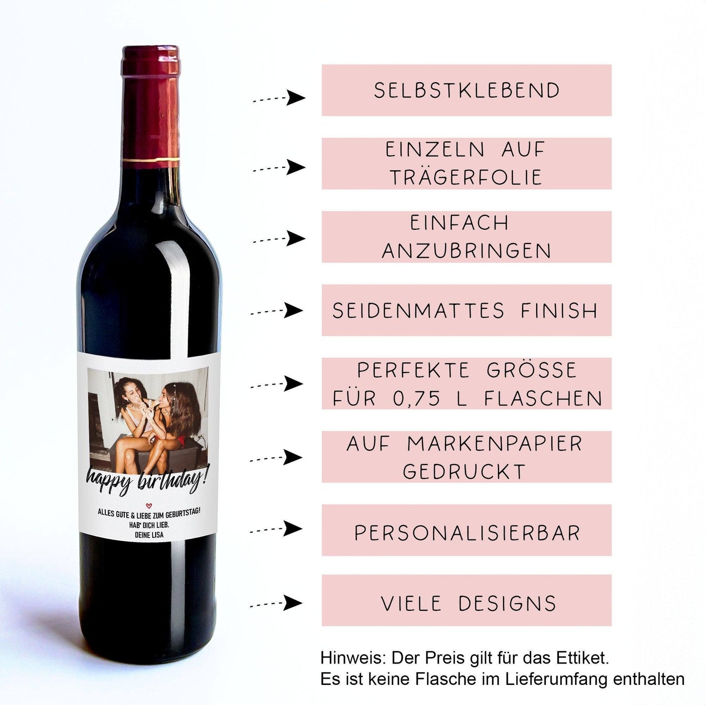 Personalisiertes - Weinetikett Geburtstags-Flaschenetikett "Happy Birthday" mit Foto & Namen - Geschenk zum Geburtstag - schwarz kleinebuchstaben