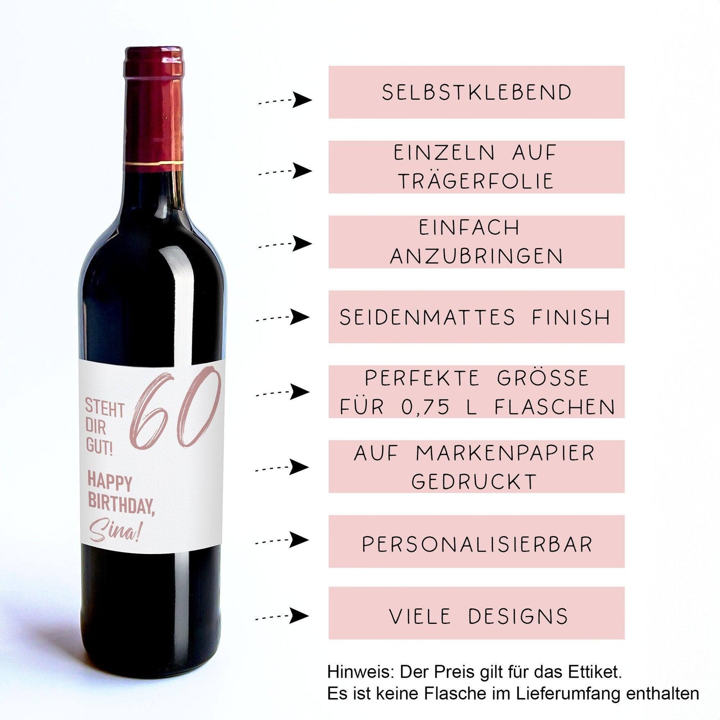 Weinetikett personalisiert, Geburtstags - Weinetikett für runde Geburtstage 20. 30. 40. 50. 60. Geburtstag - Rosa kleinebuchstaben
