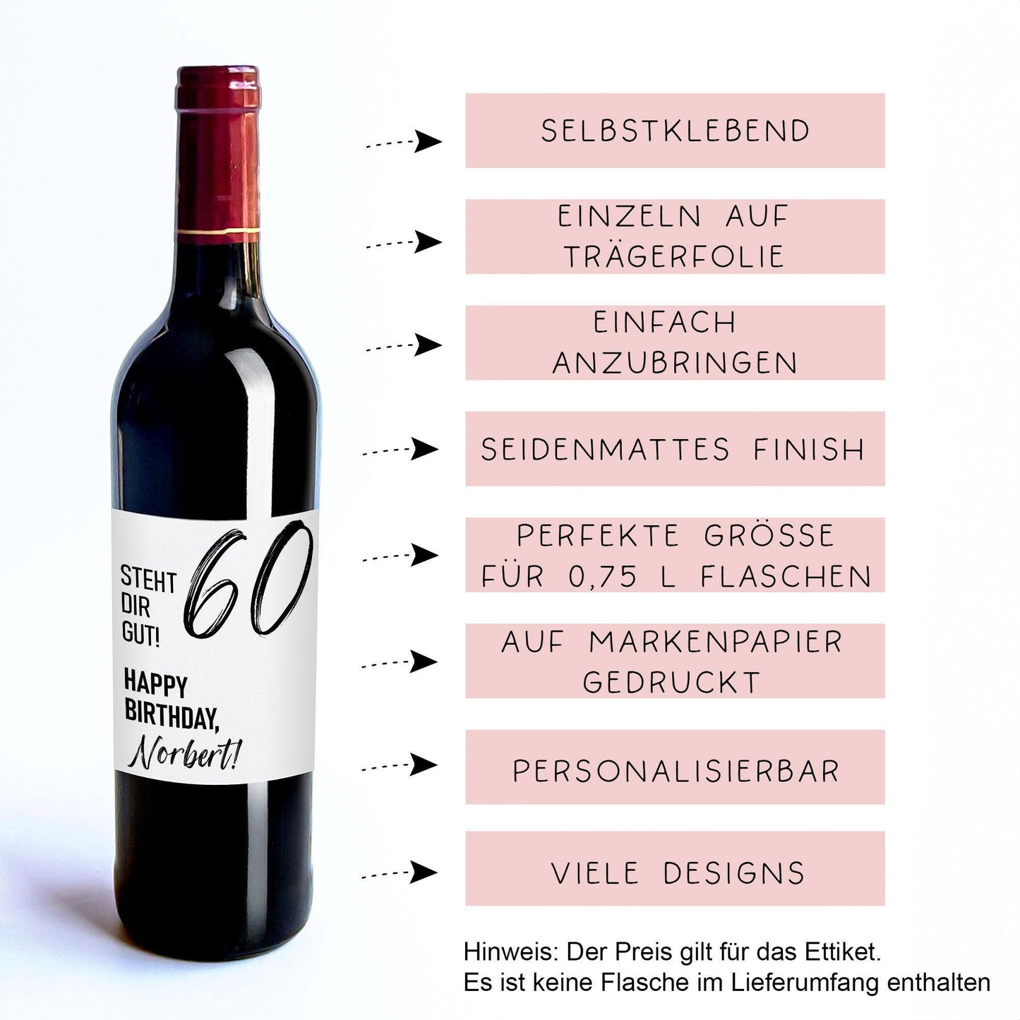 Weinetikett personalisiert, Geburtstags - Weinetikett für runde Geburtstage 20. 30. 40. 50. 60. Geburtstag - Schwarz kleinebuchstaben