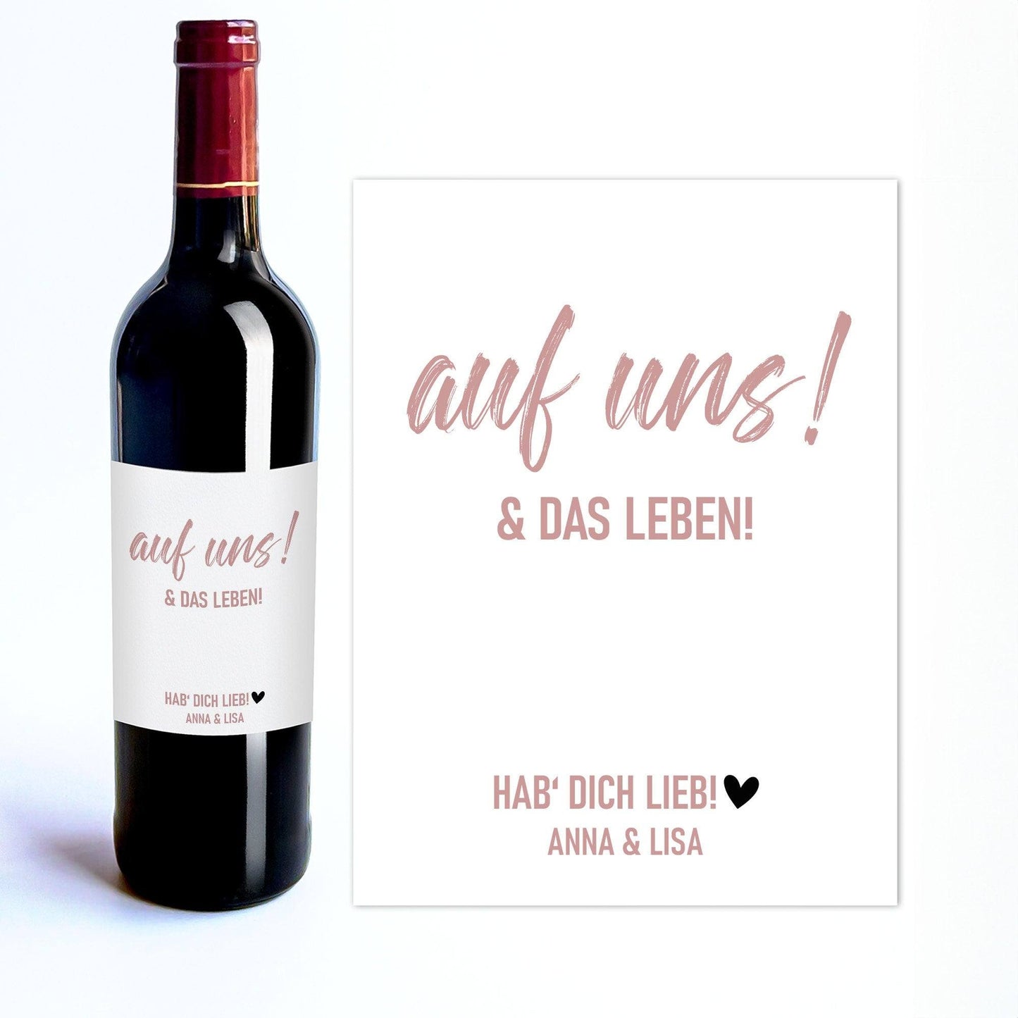 Weinetikett mit Namen, auf uns und das Leben, Wunschname Etikett, Geburtstagsgeschenk für Weinliebhaber - Rosa kleinebuchstaben