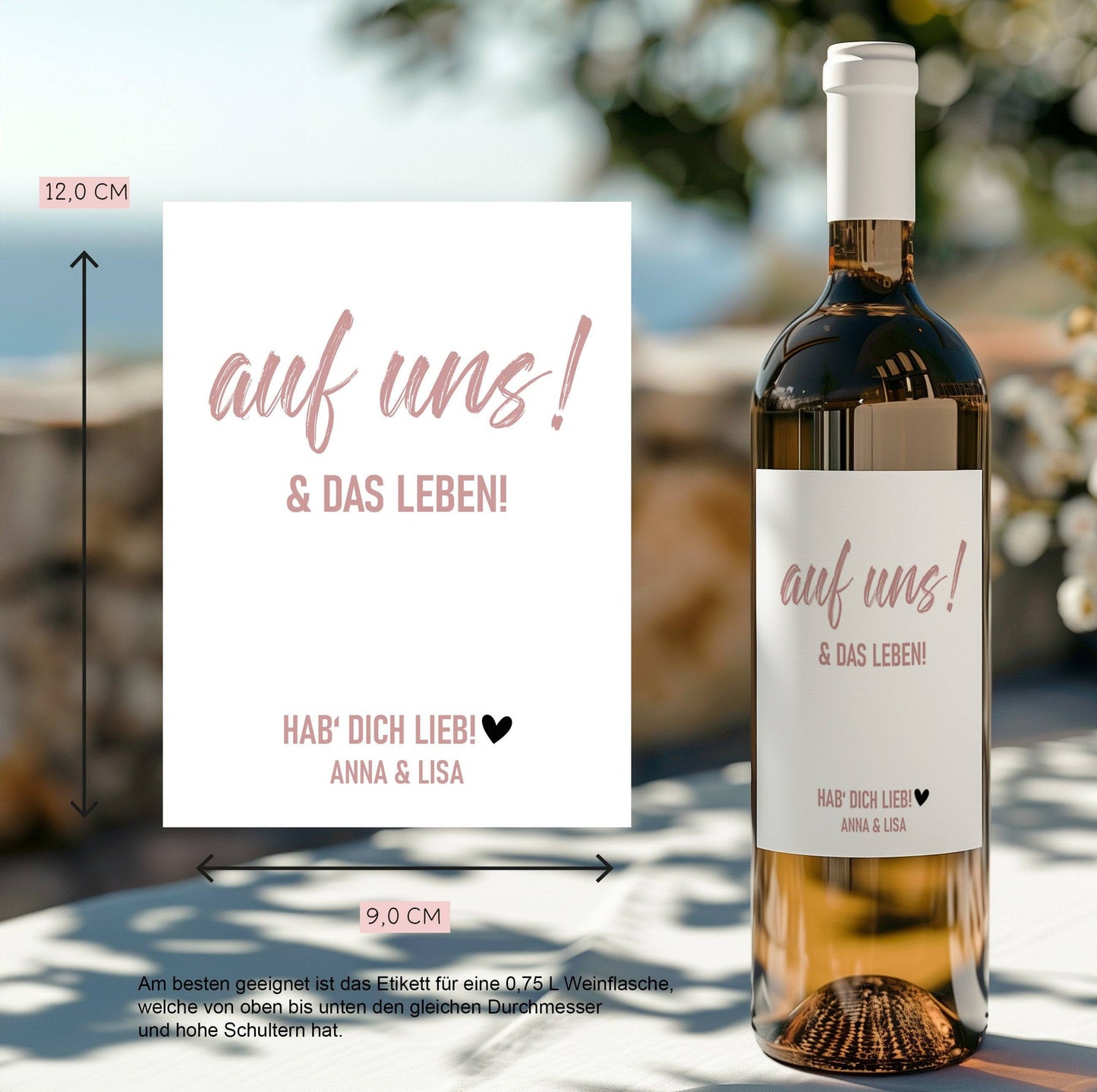 Weinetikett mit Namen, auf uns und das Leben, Wunschname Etikett, Geburtstagsgeschenk für Weinliebhaber - Rosa kleinebuchstaben