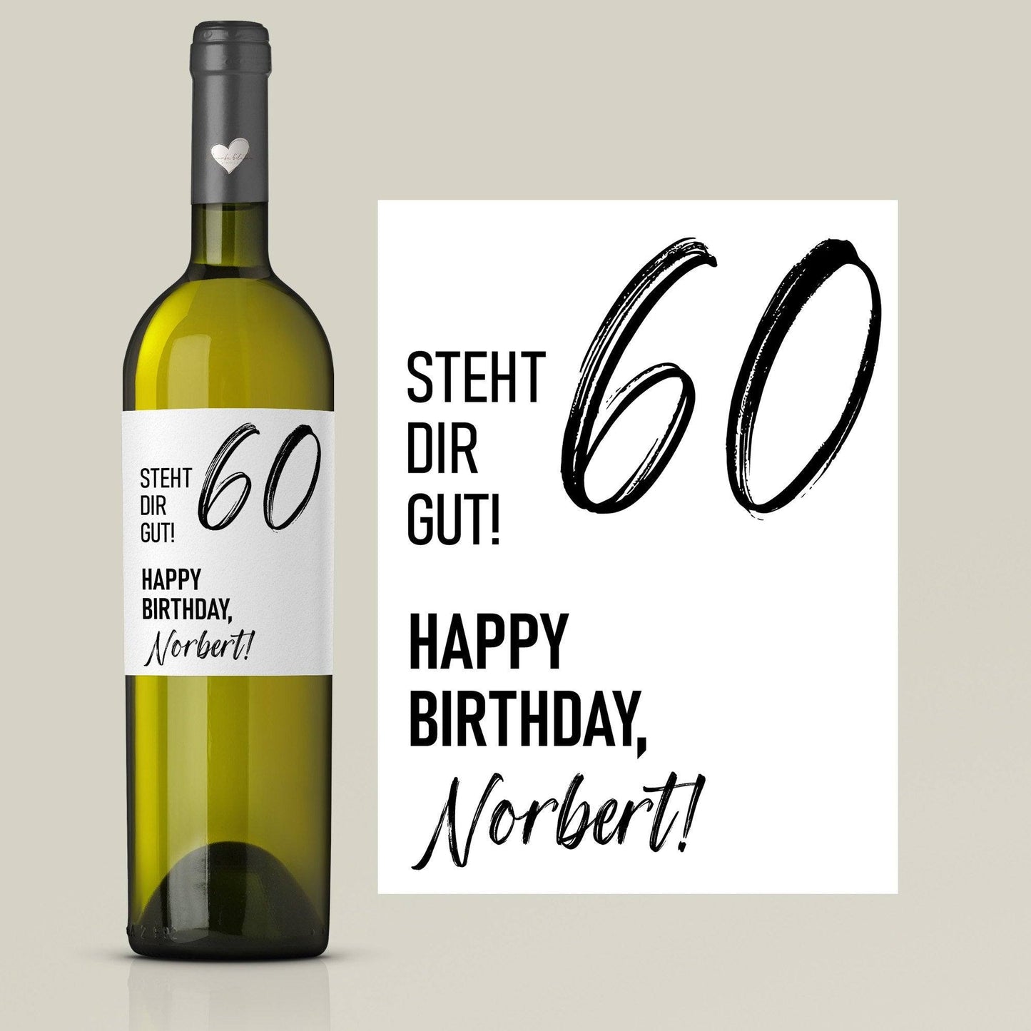 Weinetikett personalisiert, Geburtstags - Weinetikett für runde Geburtstage 20. 30. 40. 50. 60. Geburtstag - Schwarz kleinebuchstaben 60. Schwarz Versand per Post