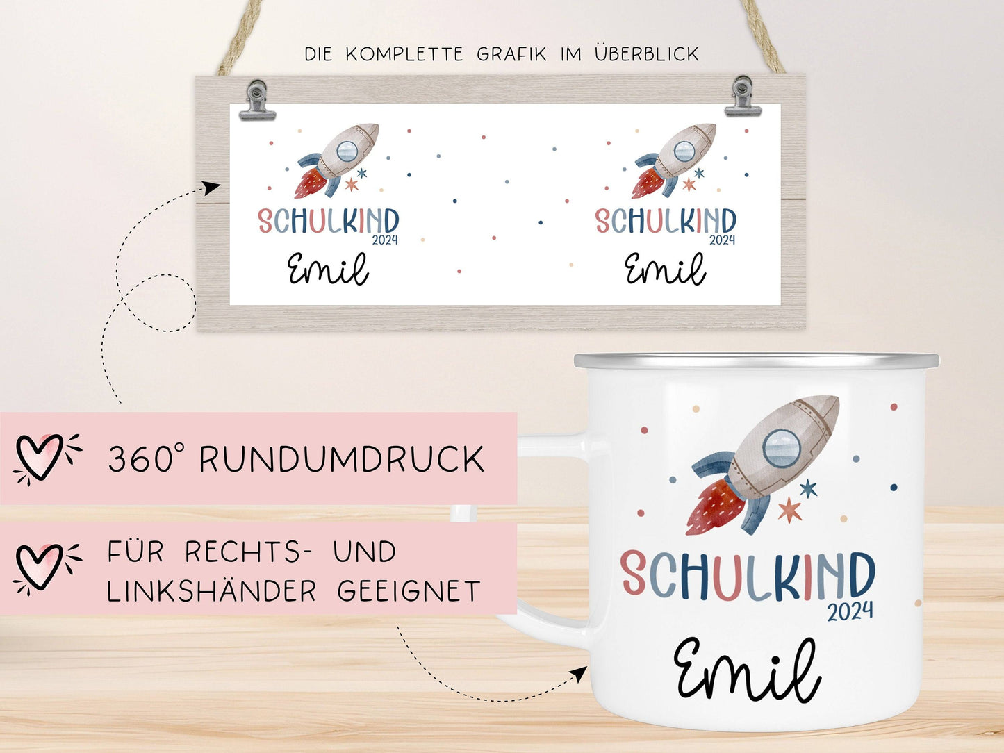 Schulanfang Schulkind 2024 Emaille Tasse | Personalisierte mit Wunschnamen | Kindertasse zur Einschulung | Astronaut mit Rakete kleinebuchstaben