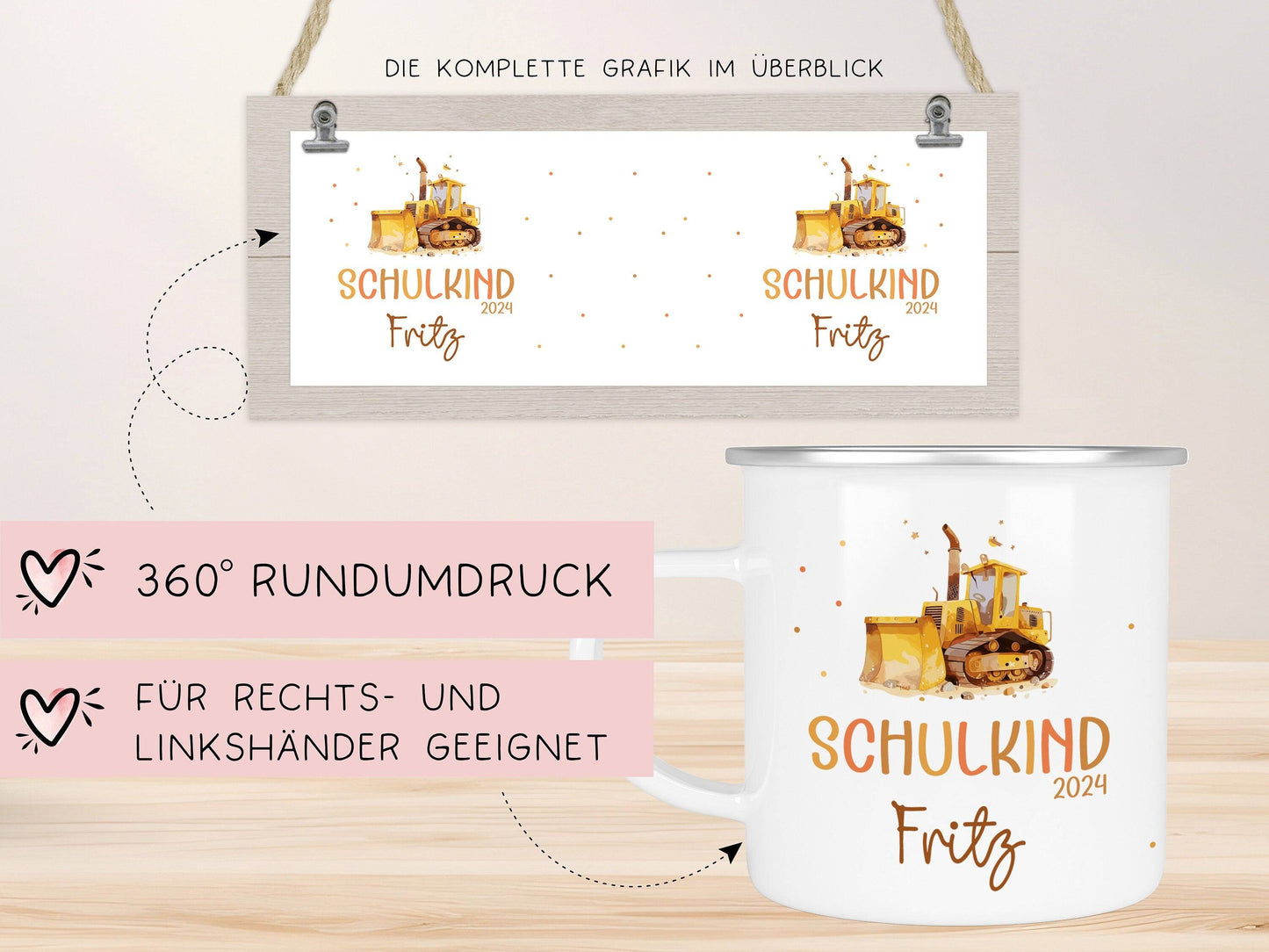 Schulanfang Schulkind 2024 Emaille Kindertasse, Wunschnamen Bagger Motiv, Personalisierte Einschulung Geschenk kleinebuchstaben