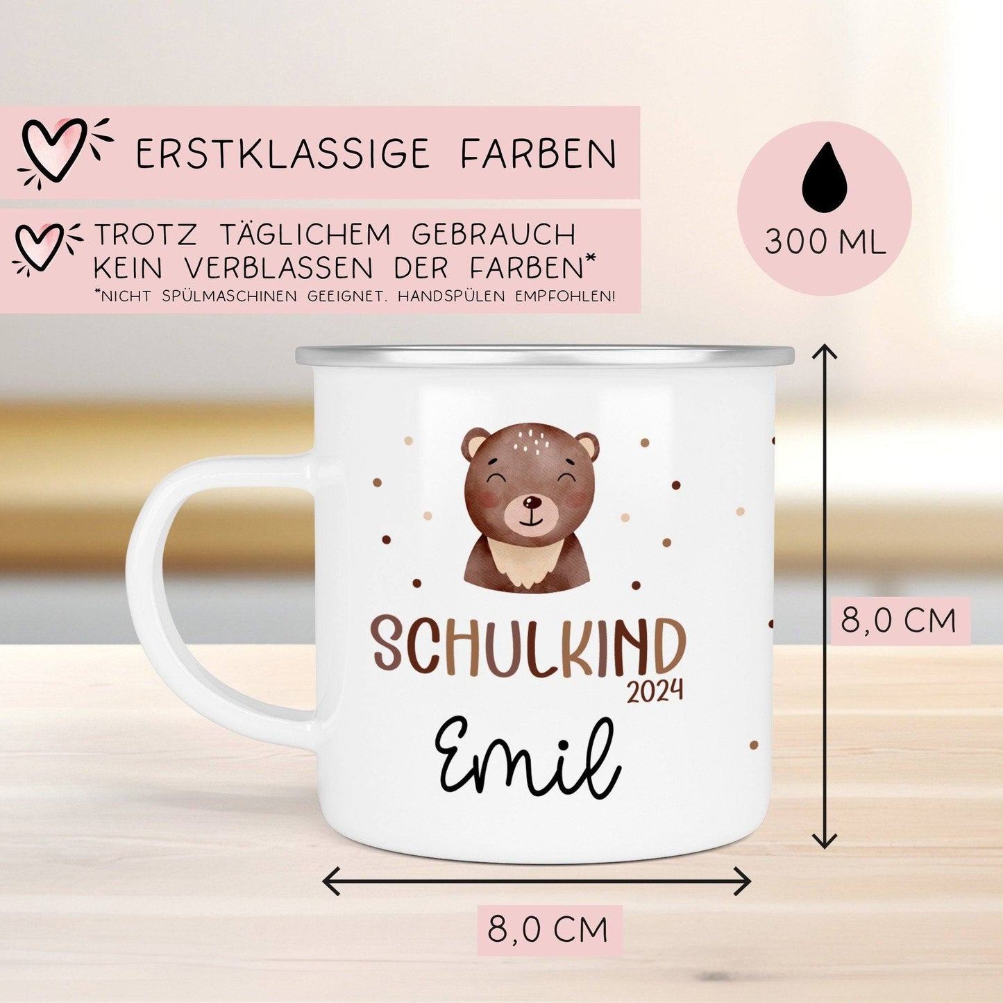 Schulanfang Schulkind 2024 Emaille-Tasse, personalisierte Kindertasse mit Namen, Einschulungsgeschenk Bär kleinebuchstaben