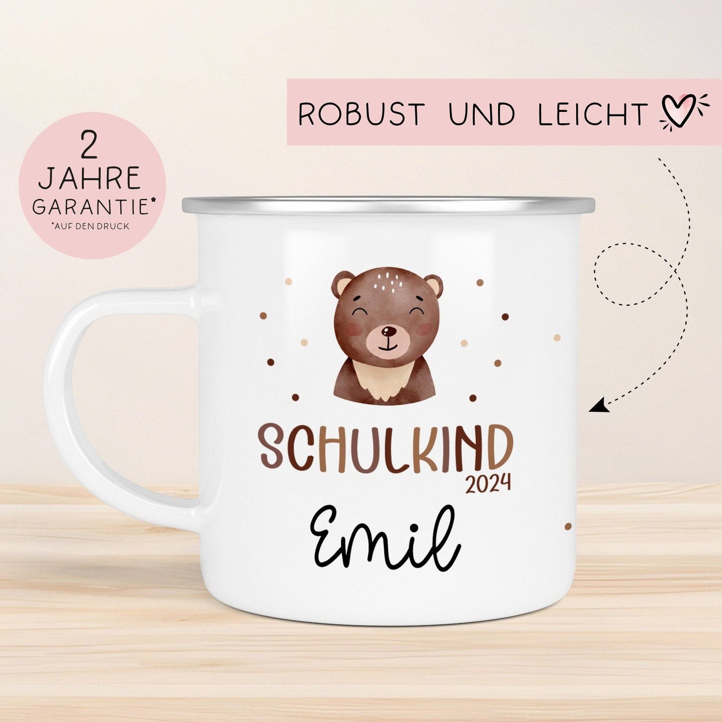 Schulanfang Schulkind 2024 Emaille-Tasse, personalisierte Kindertasse mit Namen, Einschulungsgeschenk Bär kleinebuchstaben