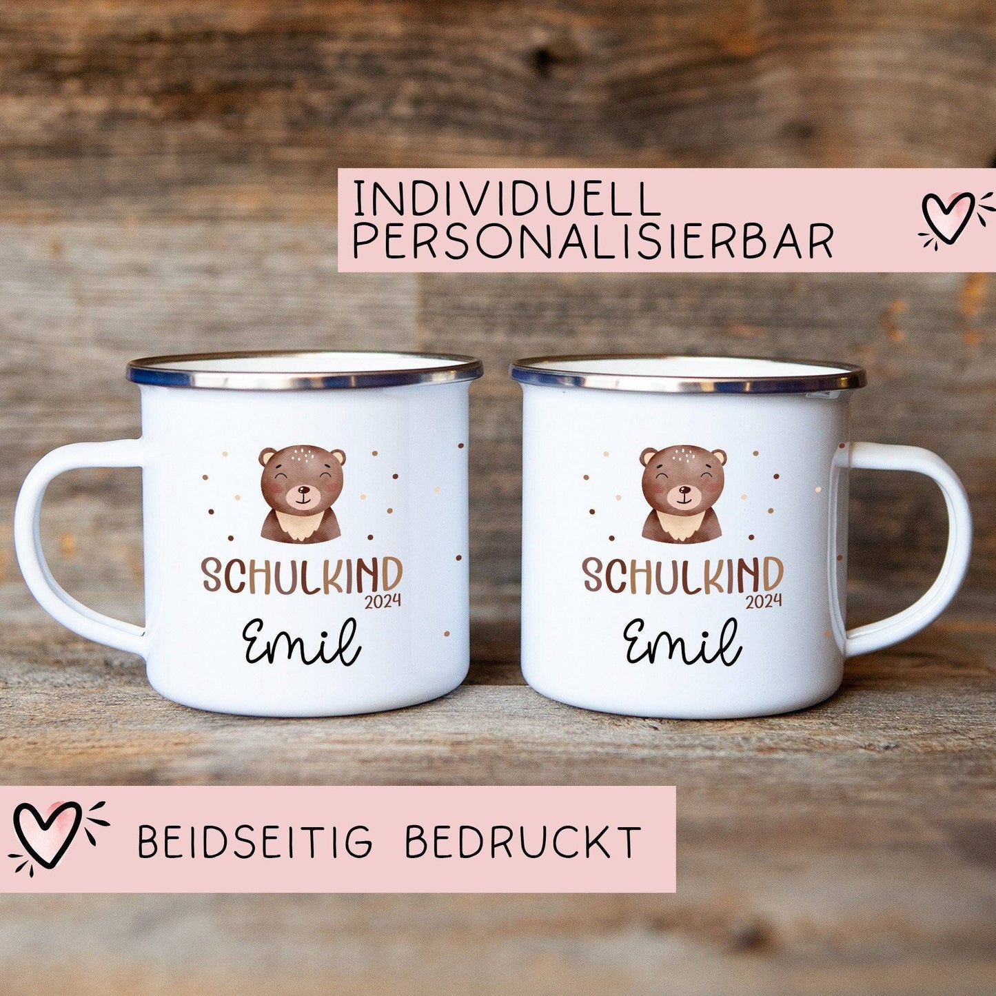 Schulanfang Schulkind 2024 Emaille-Tasse, personalisierte Kindertasse mit Namen, Einschulungsgeschenk Bär kleinebuchstaben