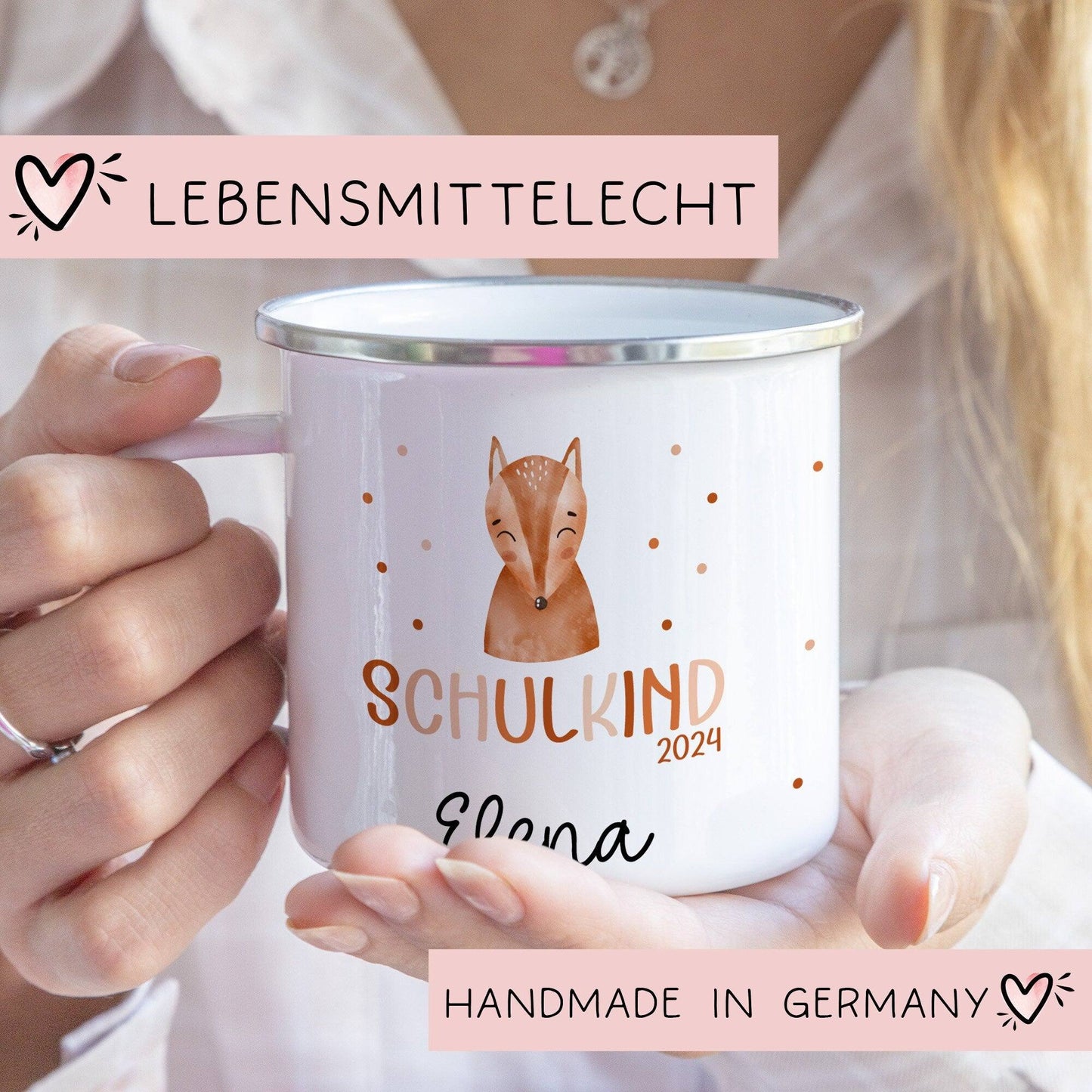 Kindertasse Schulkind Schulanfang Name Emaille Tasse Kind Kindergeschirr personalisiert Kinder Fuchs Bär Flugzeug Fee Bagger Ballerina kleinebuchstaben Fuchs Emaille Silber