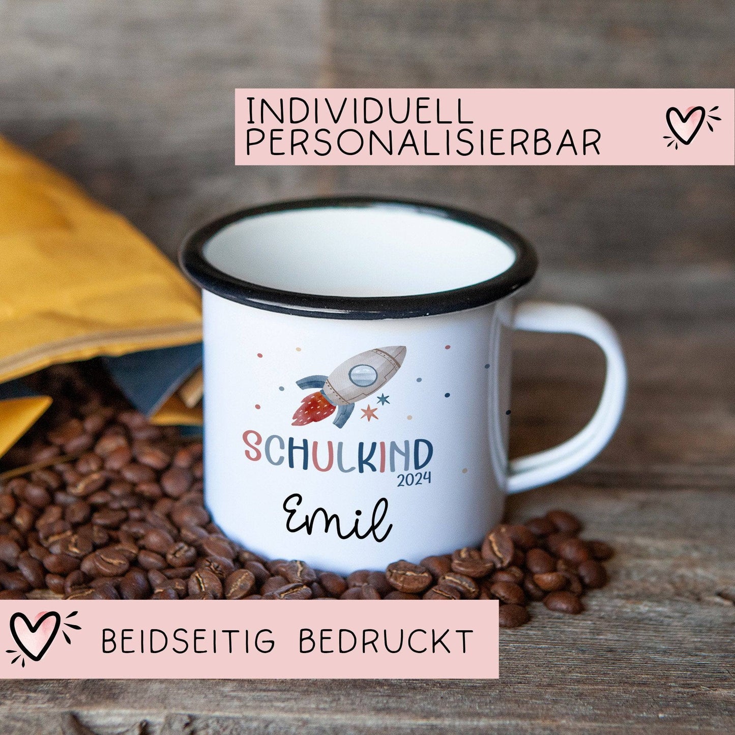 Schulanfang Schulkind 2024 Emaille-Tasse | Personalisiert mit Wunschnamen | Kindertasse zur Einschulung | Astronaut mit Rakete-Motiv kleinebuchstaben