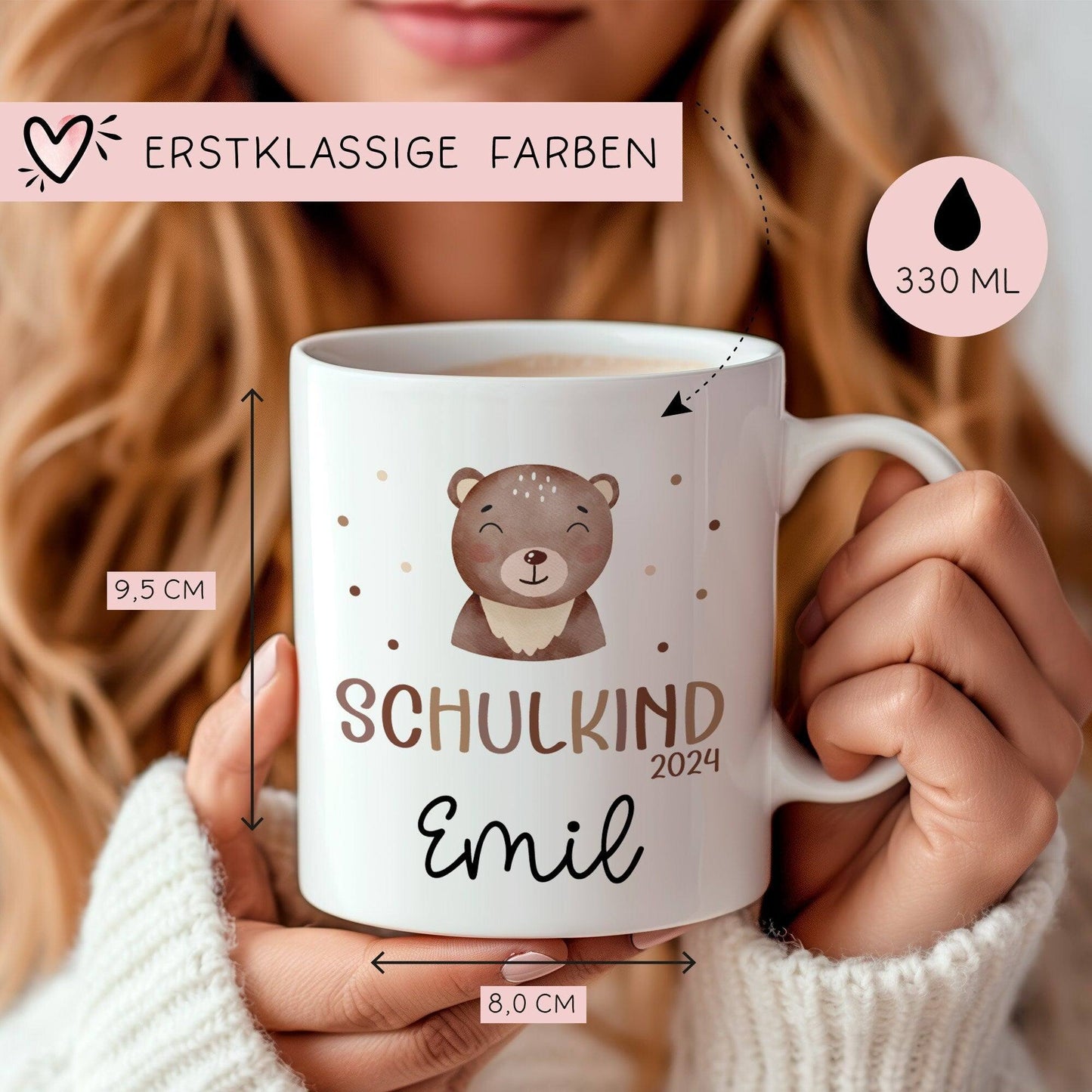 Schulkind 2024 Tasse, personalisierte Kindertasse mit Namen, Einschulungsgeschenk Bär kleinebuchstaben