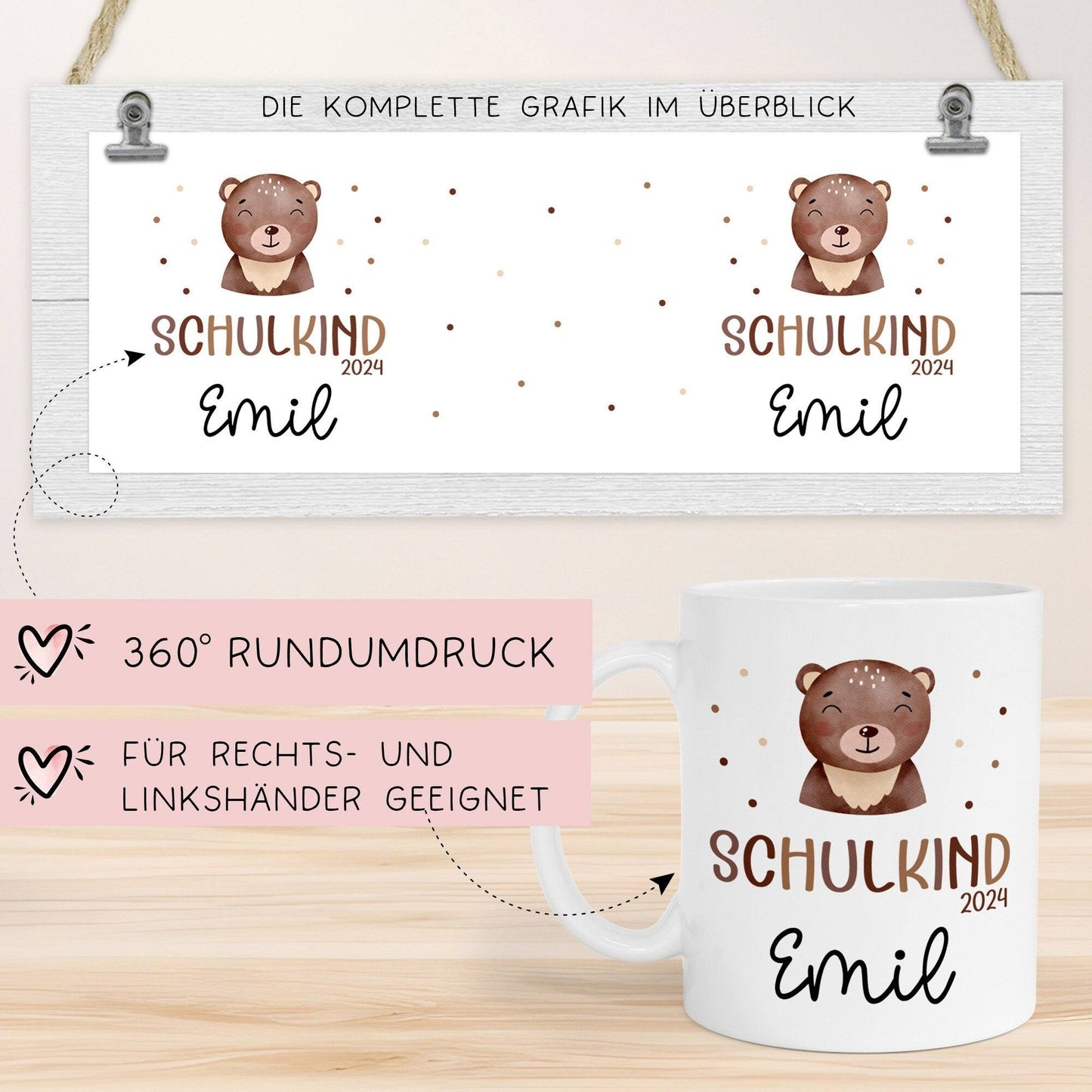 Schulkind 2024 Tasse, personalisierte Kindertasse mit Namen, Einschulungsgeschenk Bär kleinebuchstaben