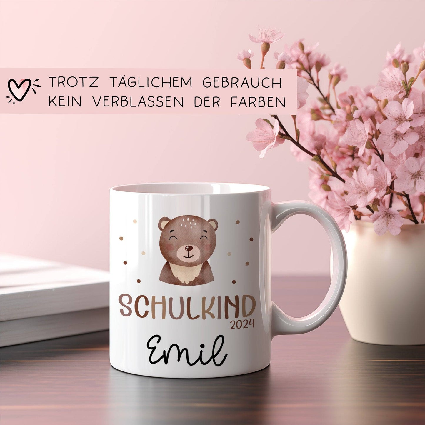 Schulkind 2024 Tasse, personalisierte Kindertasse mit Namen, Einschulungsgeschenk Bär kleinebuchstaben