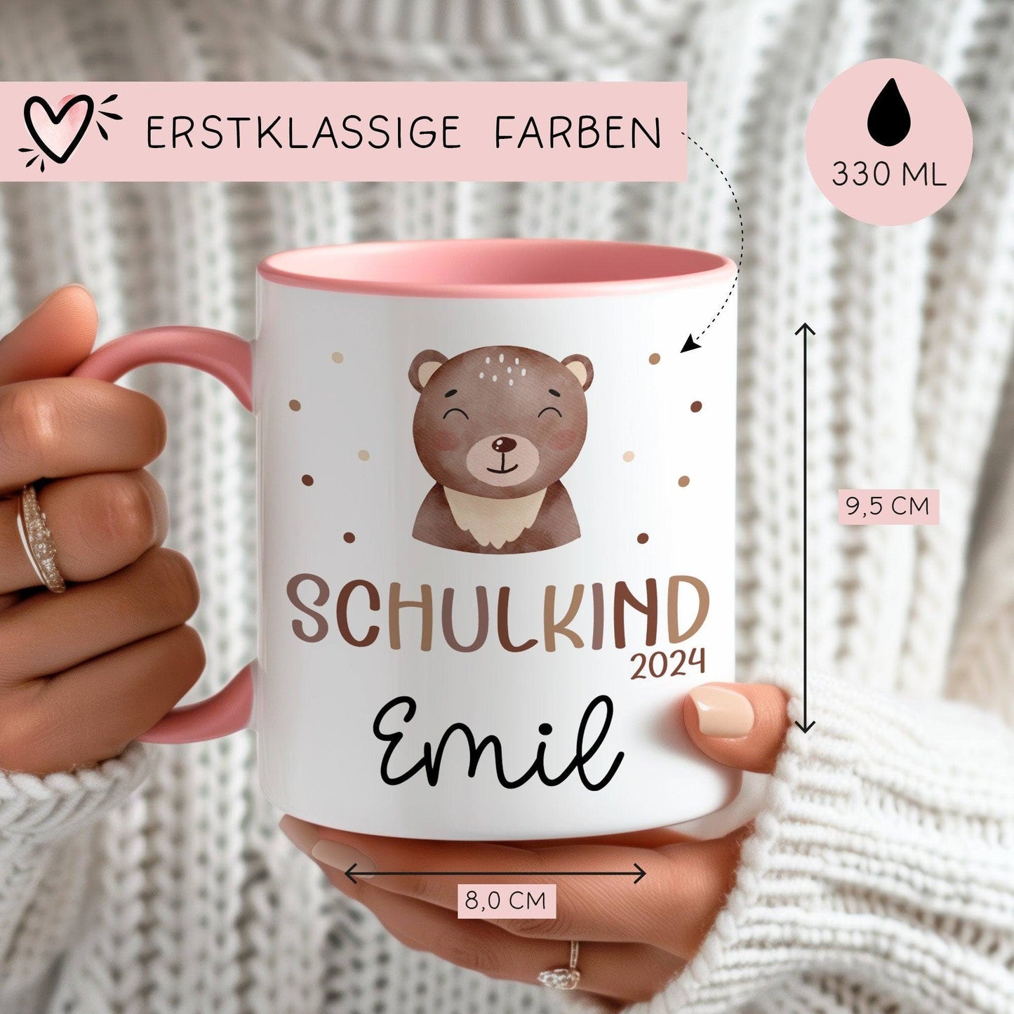 Schulkind 2024 Tasse, personalisierte Kindertasse mit Namen, Einschulungsgeschenk Bär kleinebuchstaben