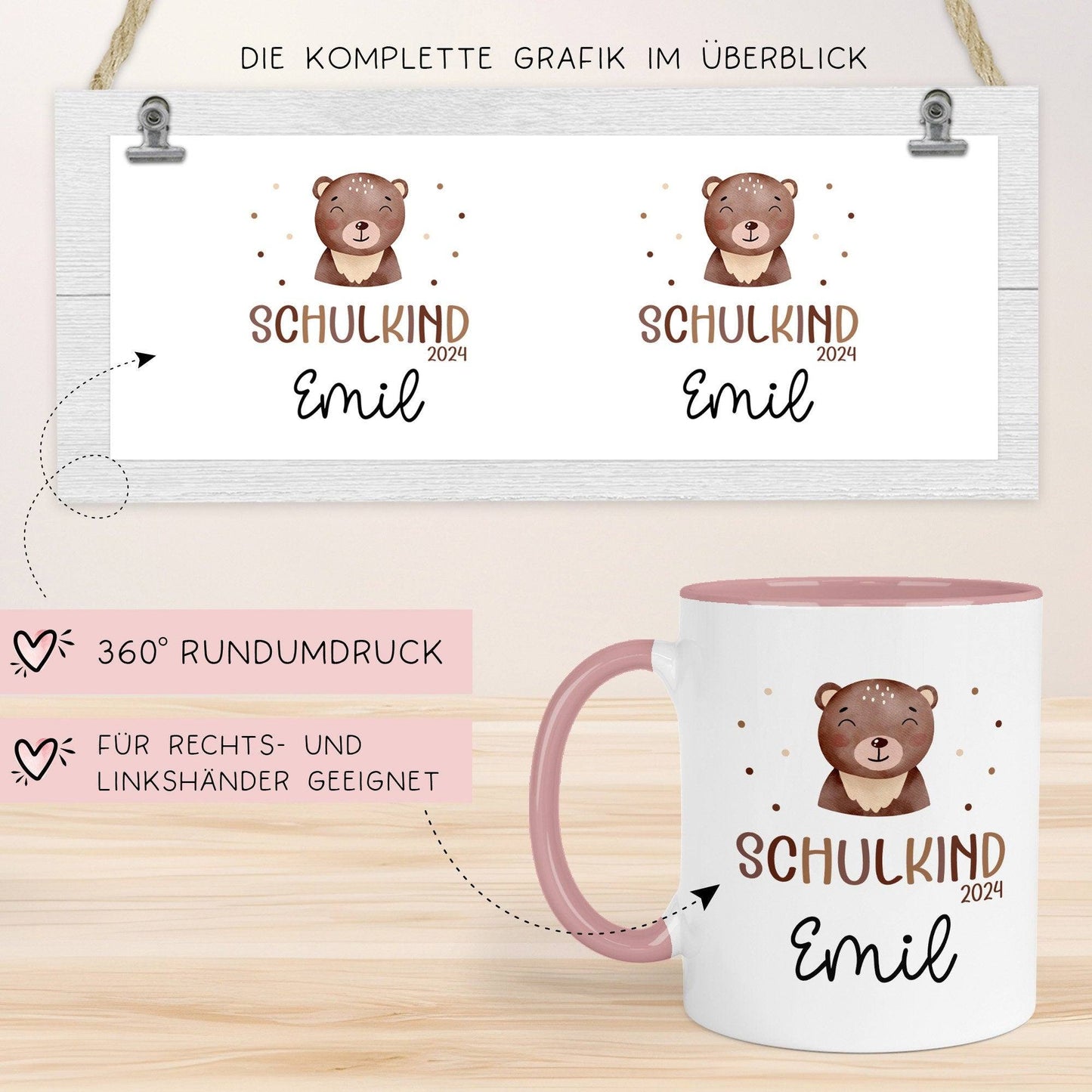 Schulkind 2024 Tasse, personalisierte Kindertasse mit Namen, Einschulungsgeschenk Bär kleinebuchstaben