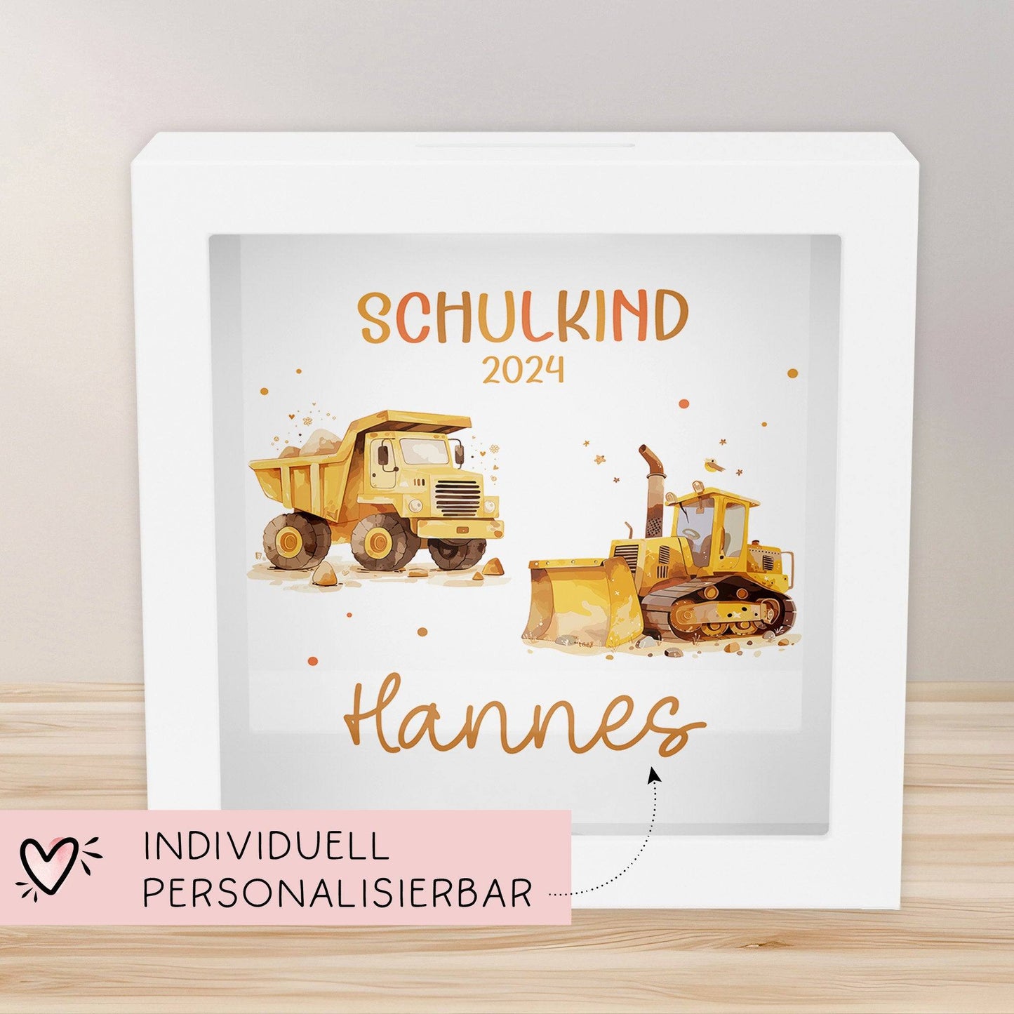Schulkind 2024 LKW & Kipper Spardose mit Wunschname Fee Name Kind personalisiert Kinder Geburtstagsgeschenk Einschulung mit Wunschtext kleinebuchstaben