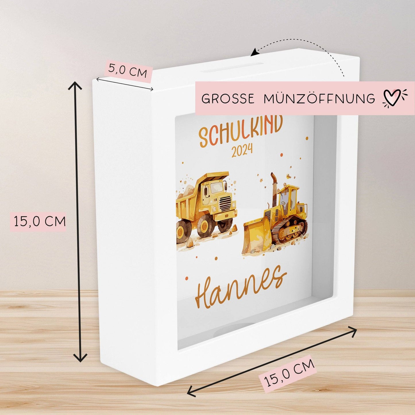 Schulkind 2024 LKW & Kipper Spardose mit Wunschname Fee Name Kind personalisiert Kinder Geburtstagsgeschenk Einschulung mit Wunschtext kleinebuchstaben