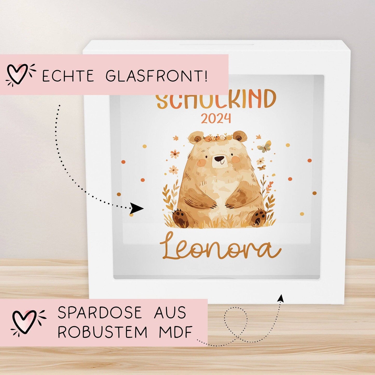 Spardose zur Einschulung Bär Schulkind 2024 mit Wunschname Name Kind personalisiert Kinder Geburtstagsgeschenk mit Wunschtext kleinebuchstaben