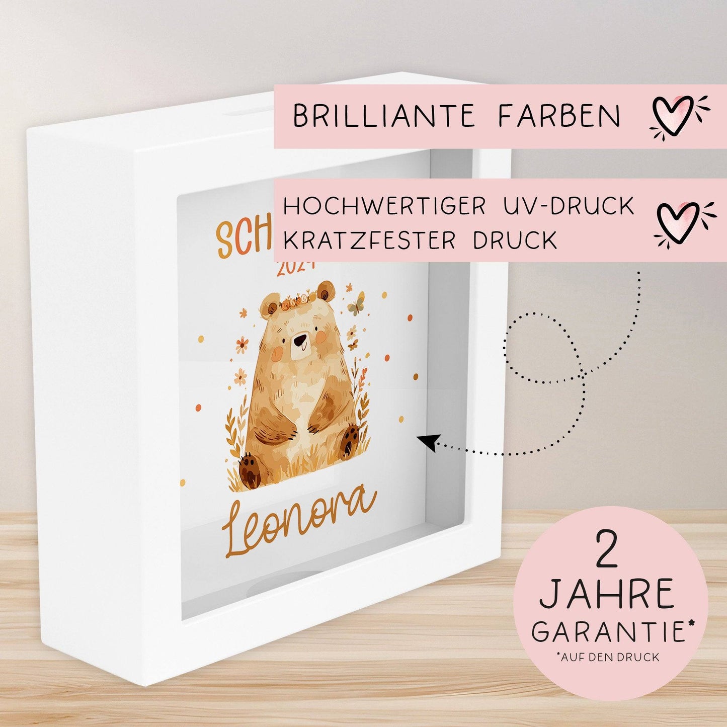 Spardose zur Einschulung Bär Schulkind 2024 mit Wunschname Name Kind personalisiert Kinder Geburtstagsgeschenk mit Wunschtext kleinebuchstaben