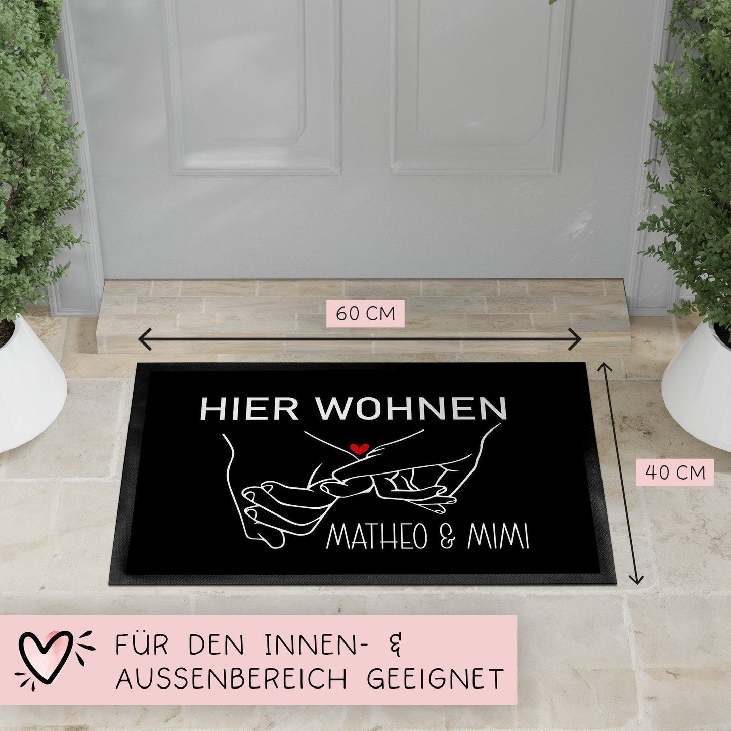 Fußmatte mit Namen Personalisiert - Rotes Herz - Fussmatte Vornamen Wunschnamen | 60x40 cm | Geschenkidee zum Umzug, Einzug für Paare kleinebuchstaben