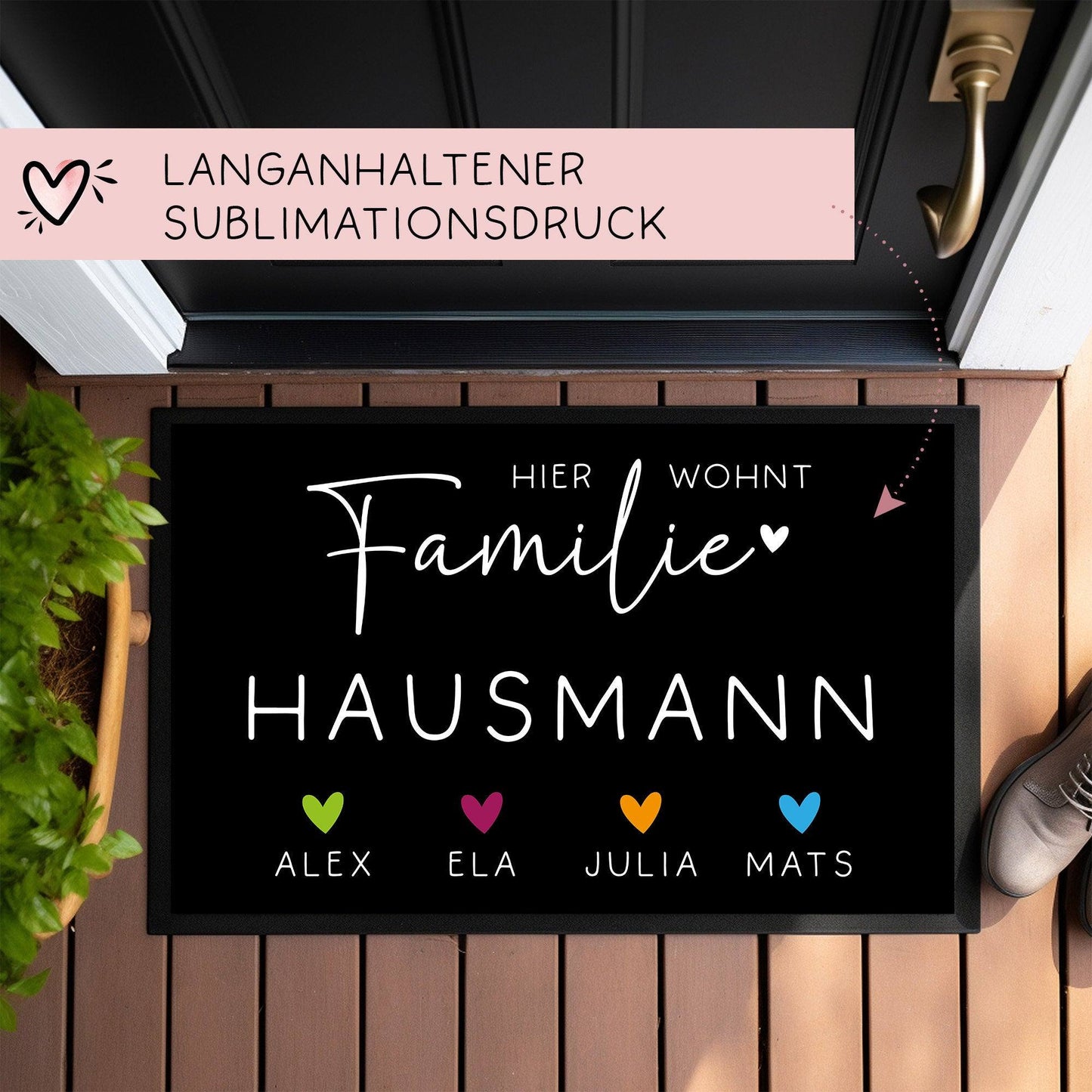 Personalisierte Fußmatte - Fussmatte mit Wunschnamen | Familie mit Herzen Haustier | 60x40 cm | Geschenkidee zum Umzug, Umzug kleinebuchstaben