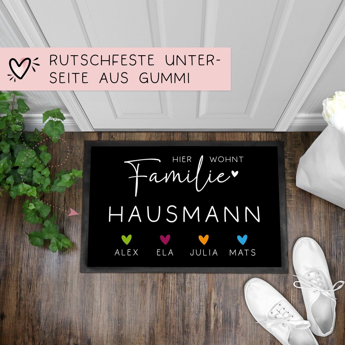 Personalisierte Fußmatte - Fussmatte mit Wunschnamen | Familie mit Herzen Haustier | 60x40 cm | Geschenkidee zum Umzug, Umzug kleinebuchstaben
