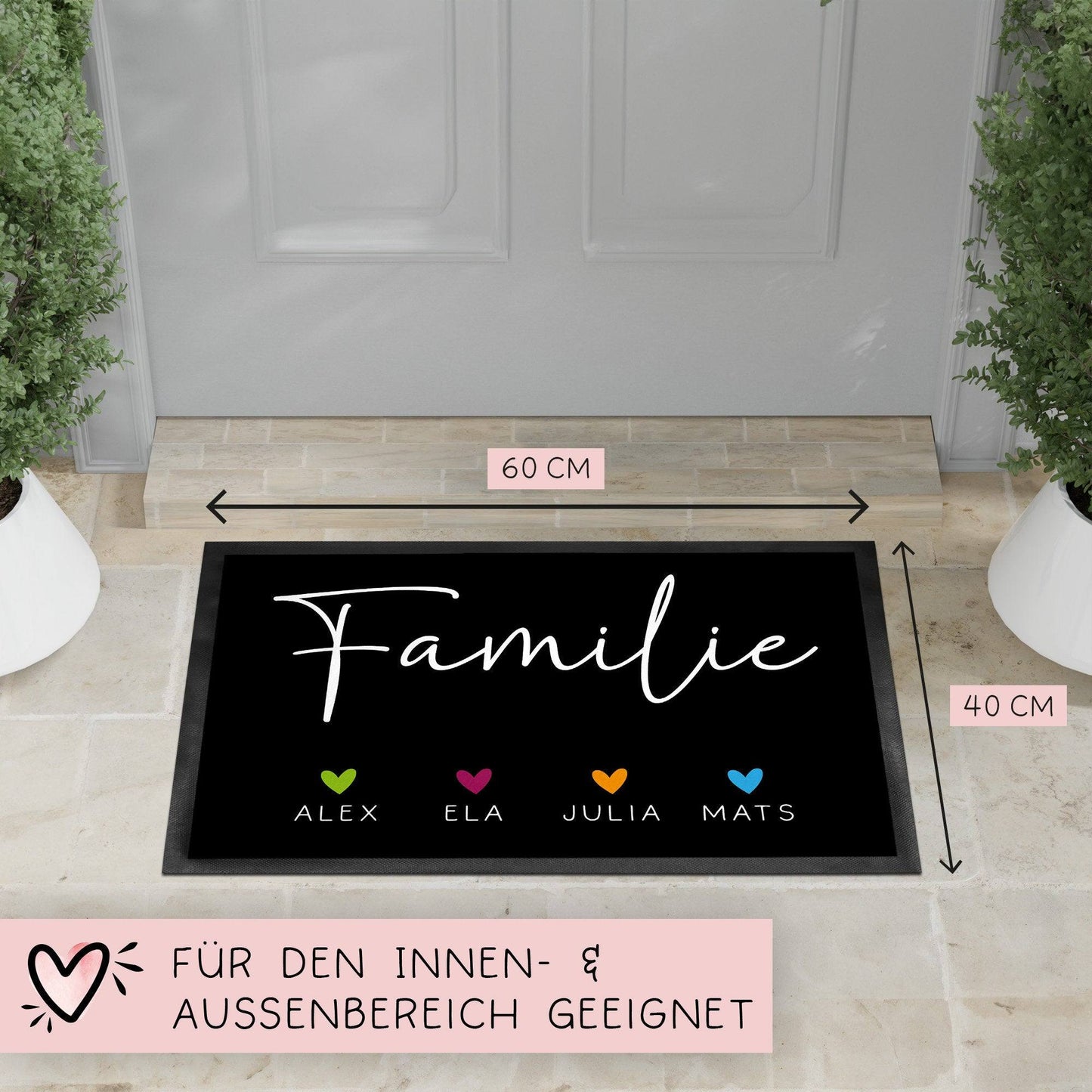 Personalisierte Fußmatte - Fussmatte mit Wunschnamen | Familie mit Herzen | 60x40 cm | Geschenkidee zum Umzug, Einzug für Familien, Umzug  kleinebuchstaben