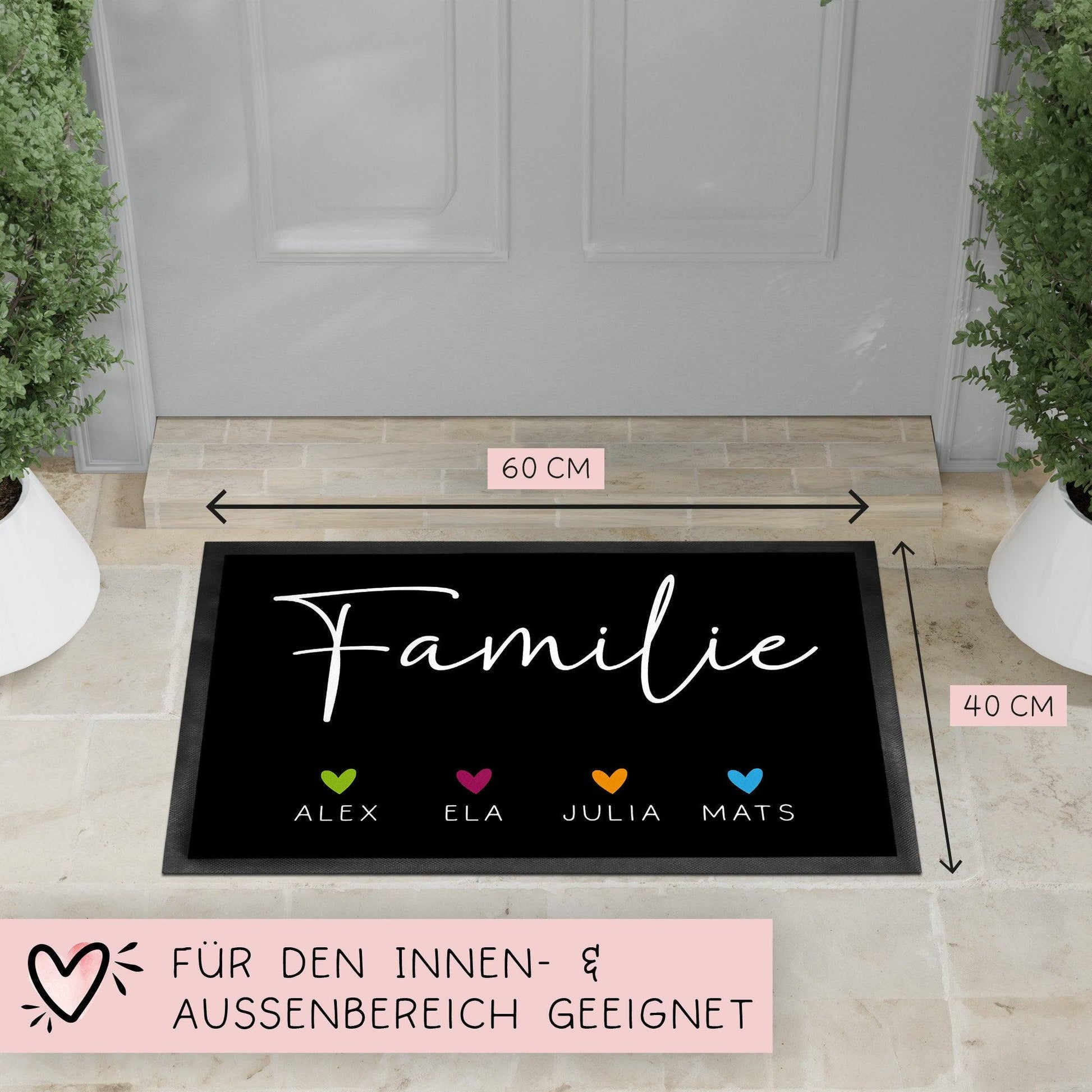 Personalisierte Fußmatte - Fussmatte mit Wunschnamen | Familie mit Herzen | 60x40 cm | Geschenkidee zum Umzug, Einzug für Familien, Umzug  kleinebuchstaben