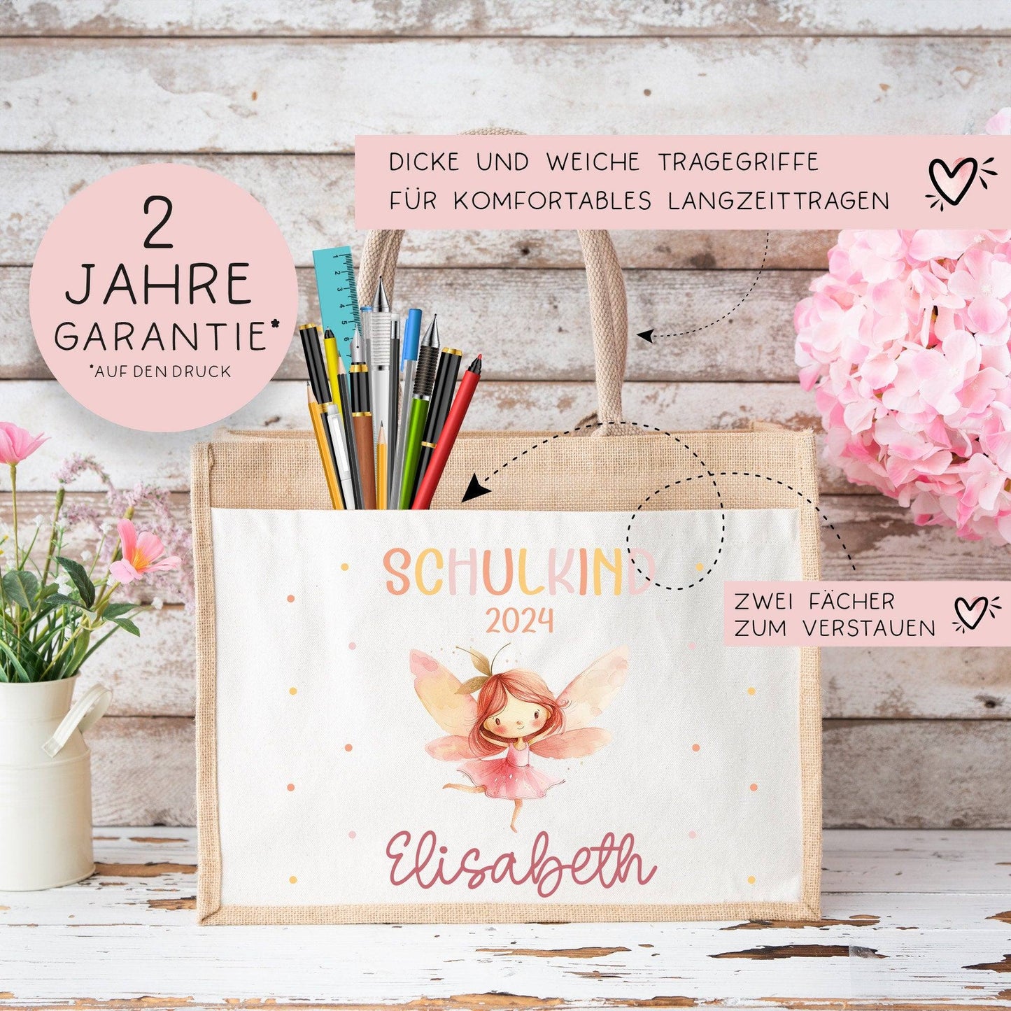Ballerina Fee Schulkind Tasche 2024, Schultasche, Geschenk Einschulung, Schultüte, personalisierte Jutetasche, Einschulungsgeschenk kleinebuchstaben