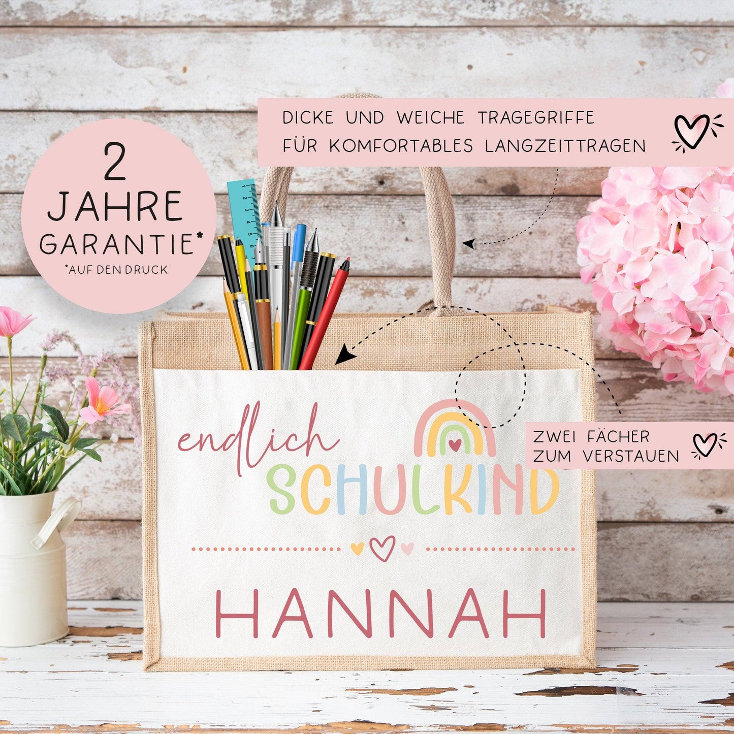 Endlich Schulkind Tasche 2024 personalisiert mit Namen Schultasche, Geschenk Einschulung, personalisierte Jutetasche, Einschulungsgeschenk kleinebuchstaben