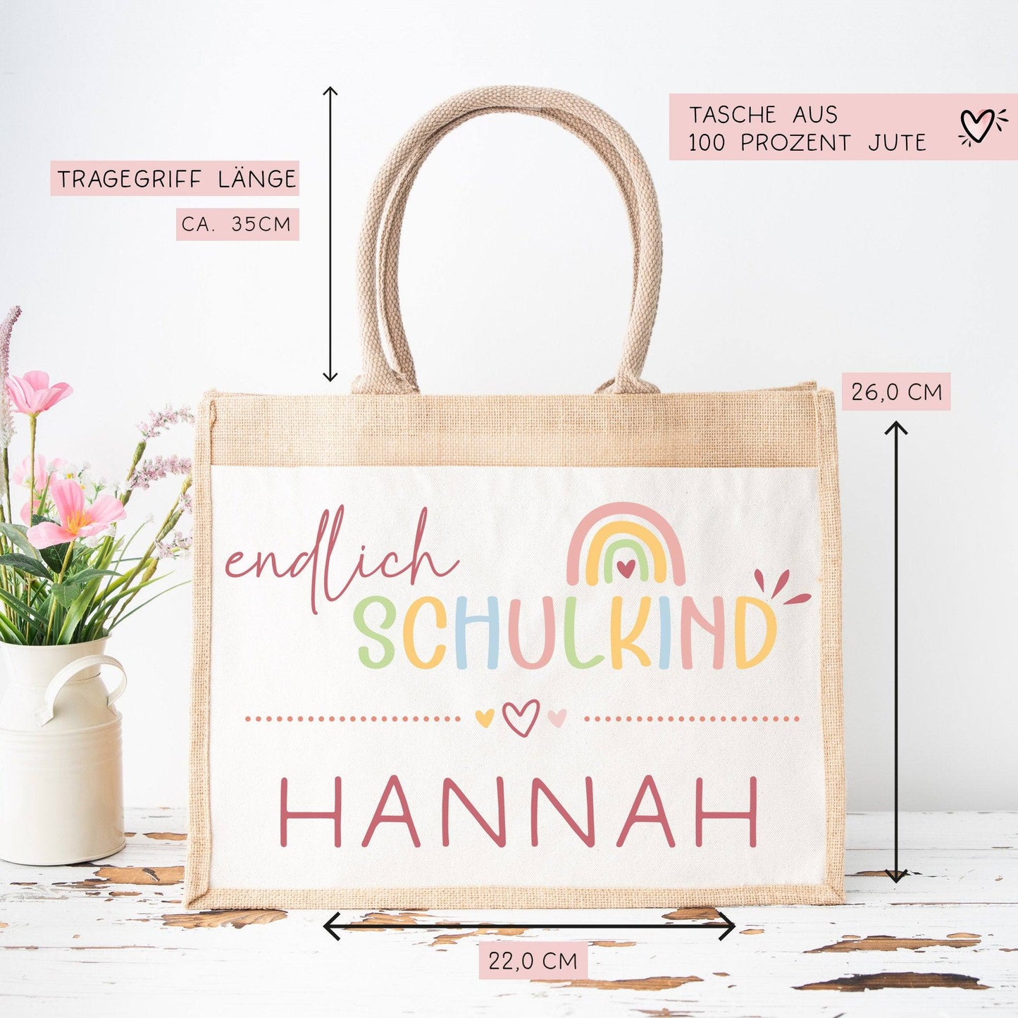 Endlich Schulkind Tasche 2024 personalisiert mit Namen Schultasche, Geschenk Einschulung, personalisierte Jutetasche, Einschulungsgeschenk kleinebuchstaben