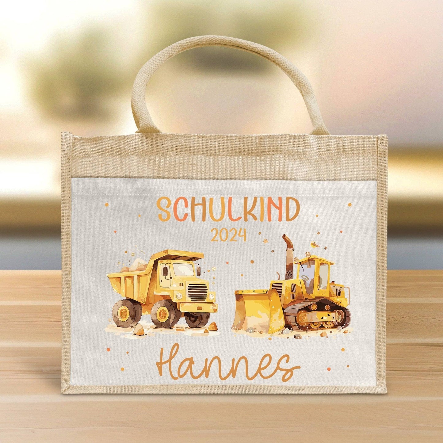 Schulkind Tasche 2024, Baustelle Kipper & LKW, Schultasche, Geschenk Einschulung, personalisierte Jutetasche, Einschulungsgeschenk kleinebuchstaben