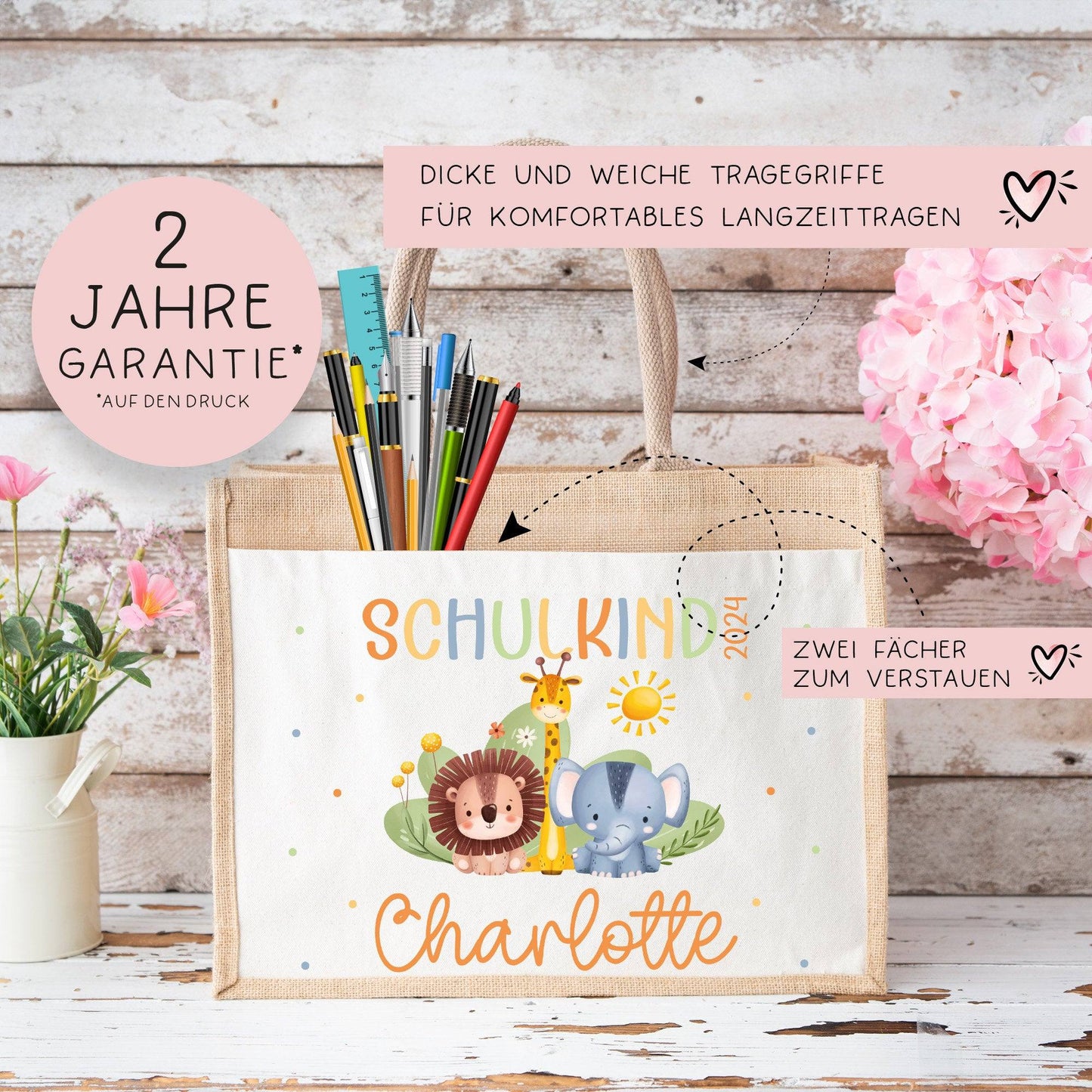 Schulkind 2024 Tasche, Zoo, Löwe Giraffe, Elefant, Schultasche, Geschenk Einschulung, personalisierte Jutetasche, Einschulungsgeschenk kleinebuchstaben