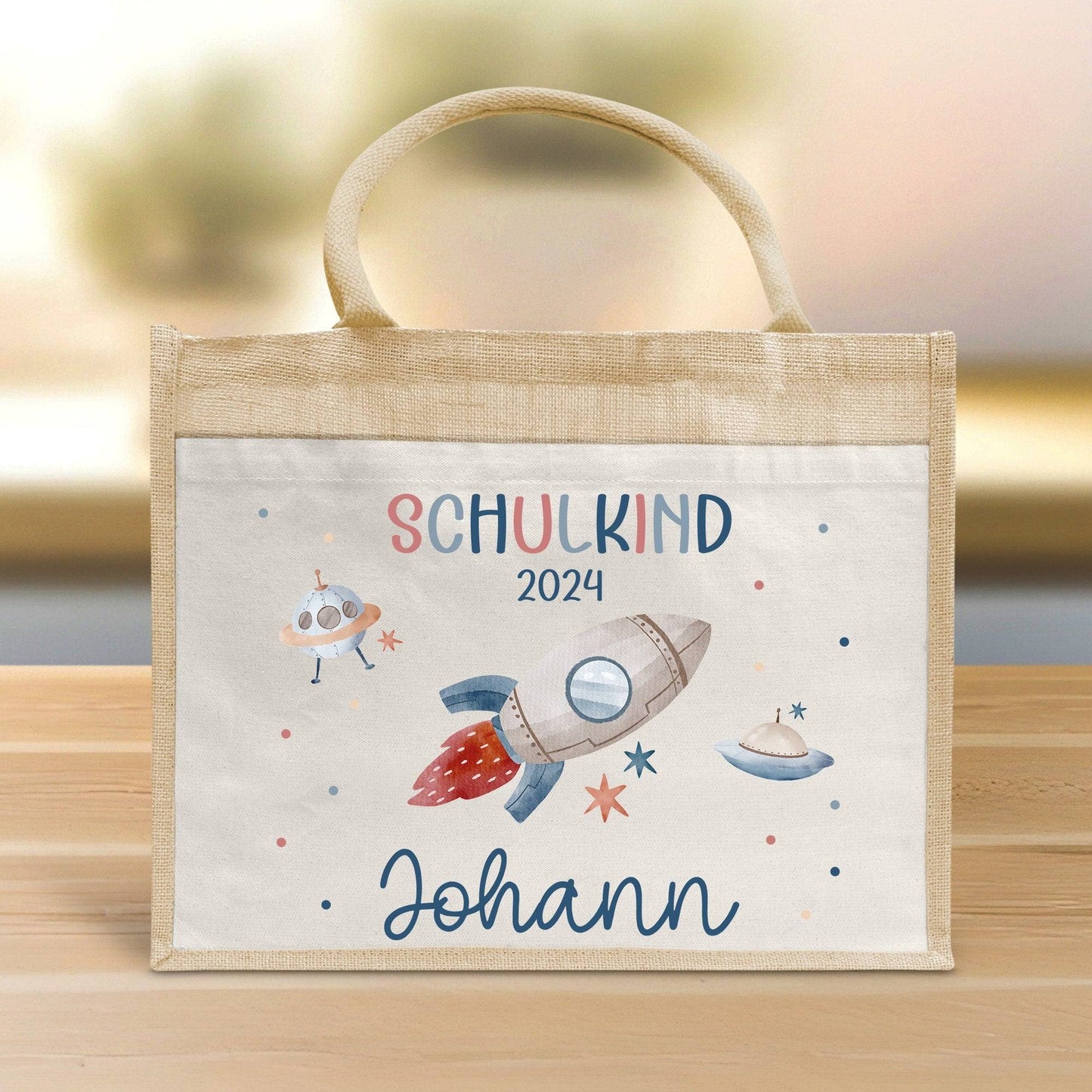 Schulkind 2024 Tasche, Rakete Weltraum Schultasche, Geschenk Einschulung, Schultüte, personalisierte Jutetasche, Einschulungsgeschenk kleinebuchstaben
