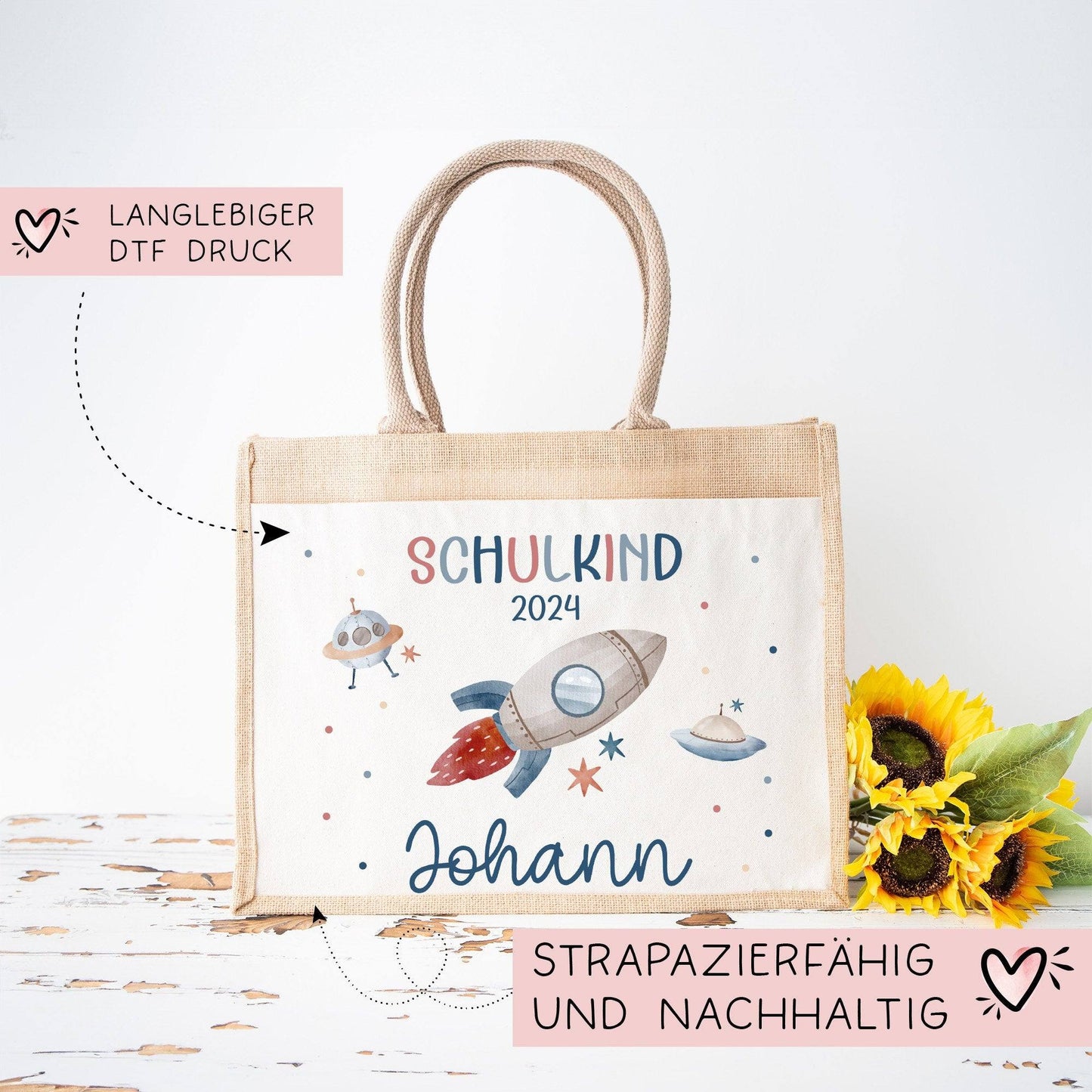 Schulkind 2024 Tasche, Rakete Weltraum Schultasche, Geschenk Einschulung, Schultüte, personalisierte Jutetasche, Einschulungsgeschenk kleinebuchstaben