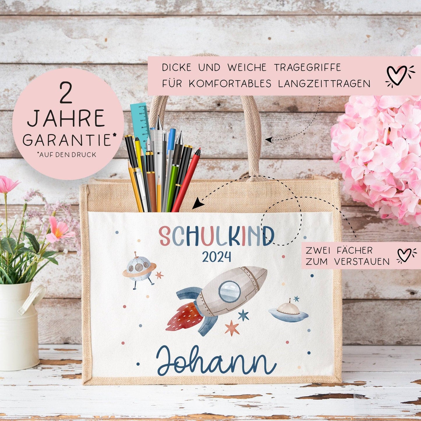 Schulkind 2024 Tasche, Rakete Weltraum Schultasche, Geschenk Einschulung, Schultüte, personalisierte Jutetasche, Einschulungsgeschenk kleinebuchstaben