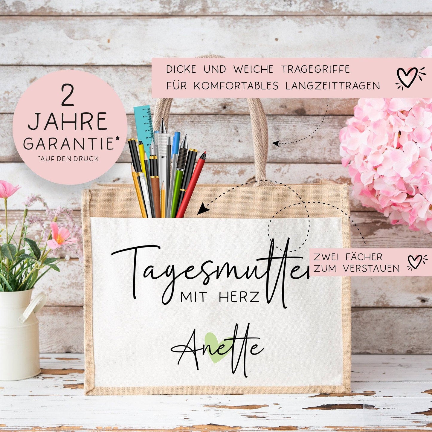 Tagesmutter mit Herz Tasche mit Namen - kleines Geschenk - Dankeschön Juteasche Abschiedsgeschenk - Beste Tagesmutter mit Wunschtext kleinebuchstaben