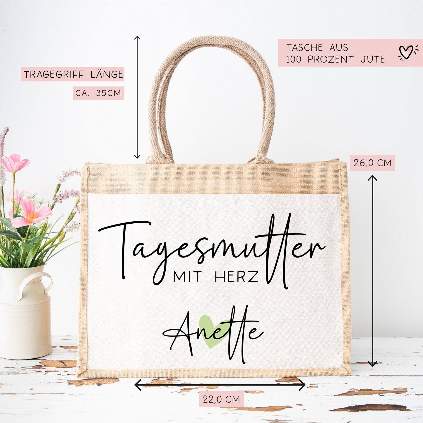 Tagesmutter mit Herz Tasche mit Namen - kleines Geschenk - Dankeschön Juteasche Abschiedsgeschenk - Beste Tagesmutter mit Wunschtext kleinebuchstaben