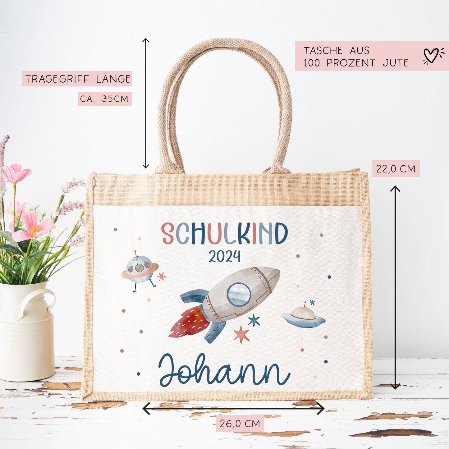 Schulkind 2024 Tasche, Rakete Weltraum Schultasche, Geschenk Einschulung, Schultüte, personalisierte Jutetasche, Einschulungsgeschenk kleinebuchstaben