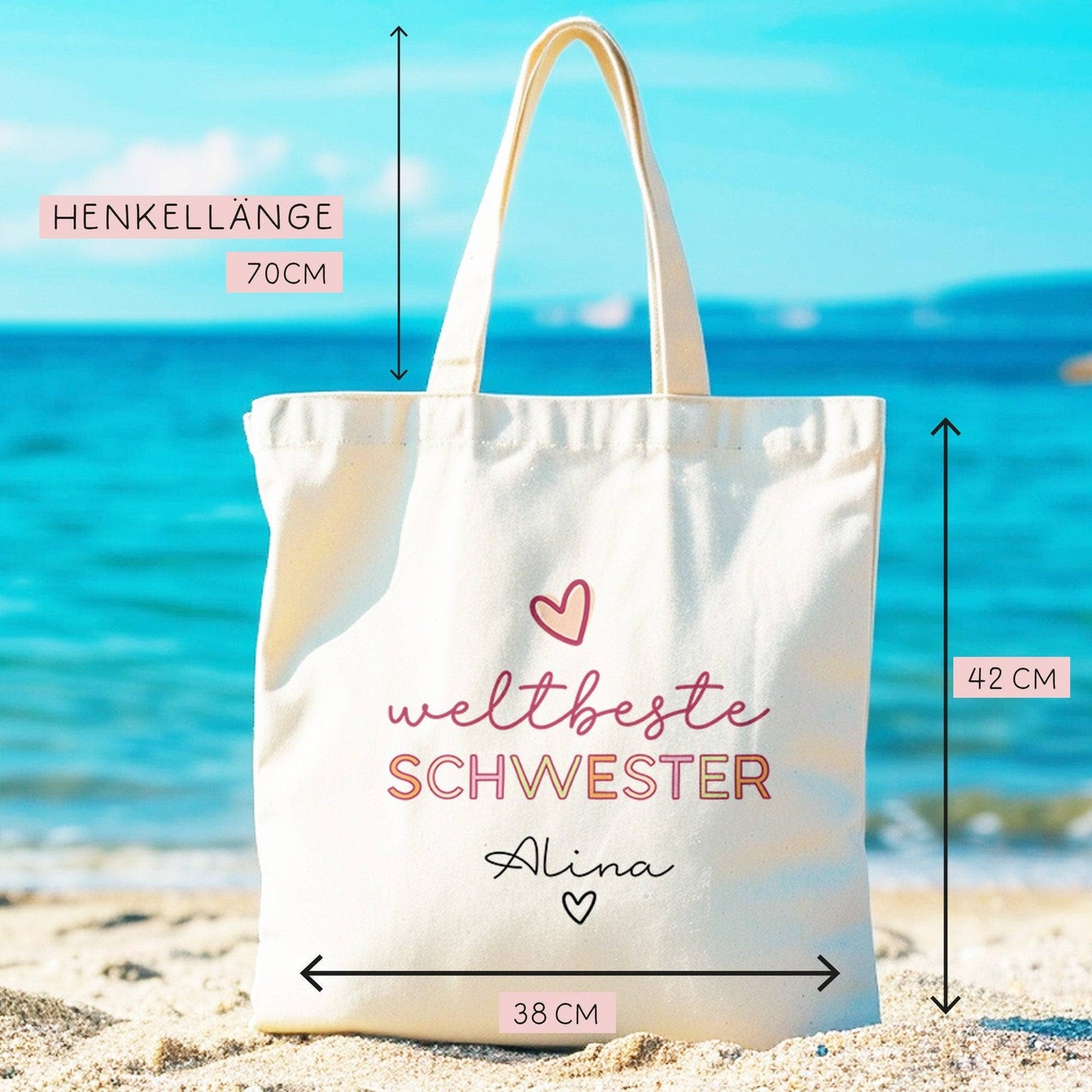 Weltbeste Schwester Tasche Stoffbeutel - mit Wunschname - Einkaufstasche - Tolle Geschenkidee für mit Namen zum Geburtstag Personalisiert kleinebuchstaben