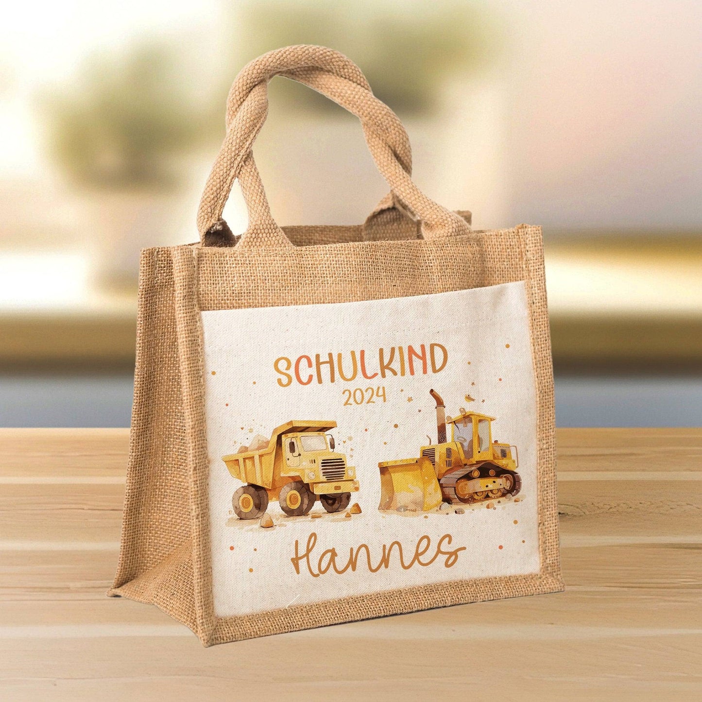 Schulkind Tasche 2024, Baustelle Kipper & LKW, Schultasche, Geschenk Einschulung, personalisierte Jutetasche, Einschulungsgeschenk kleinebuchstaben