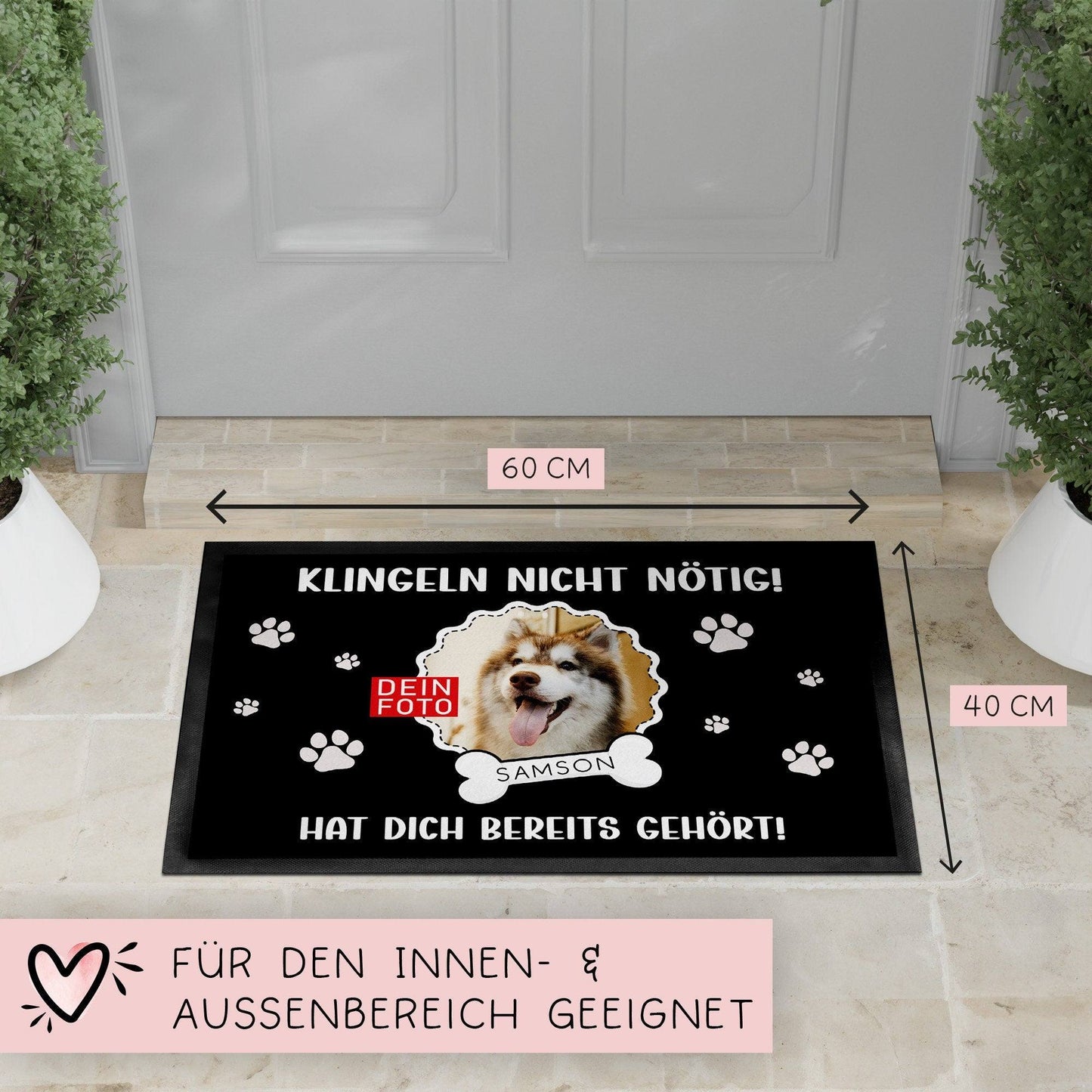 Fußmatte für Hunde- oder Katzenbesitzer "Klingeln Nicht nötig!" personalisiert mit Namen + Foto. Tolle Geschenkeidee für alle Tierliebhaber. kleinebuchstaben