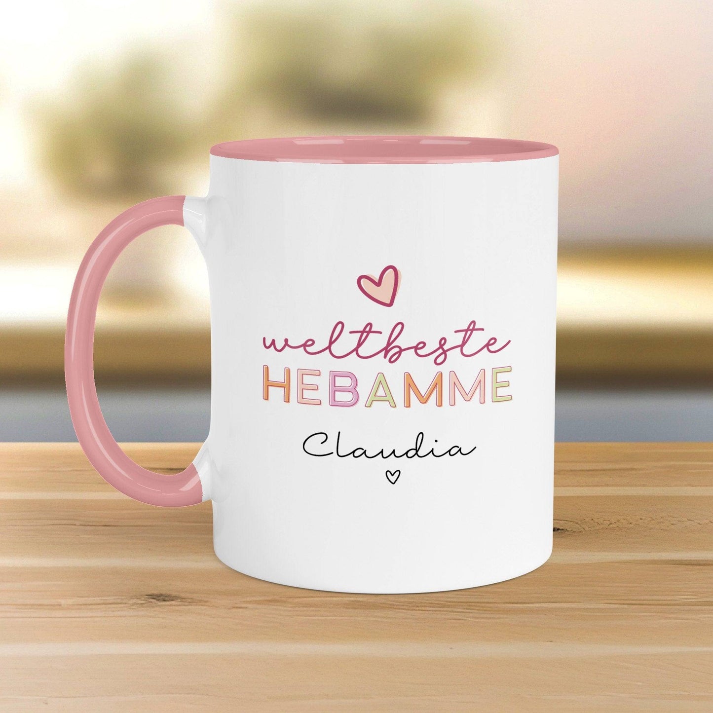 Weltbeste Hebamme Tasse mit Namen - Geschenk personalisiert - Geschenk zum Geburtstag, Ostern, Weihnachten - Wunschnamen kleinebuchstaben Weltbeste Hebamme Innen & Henkel Rosa