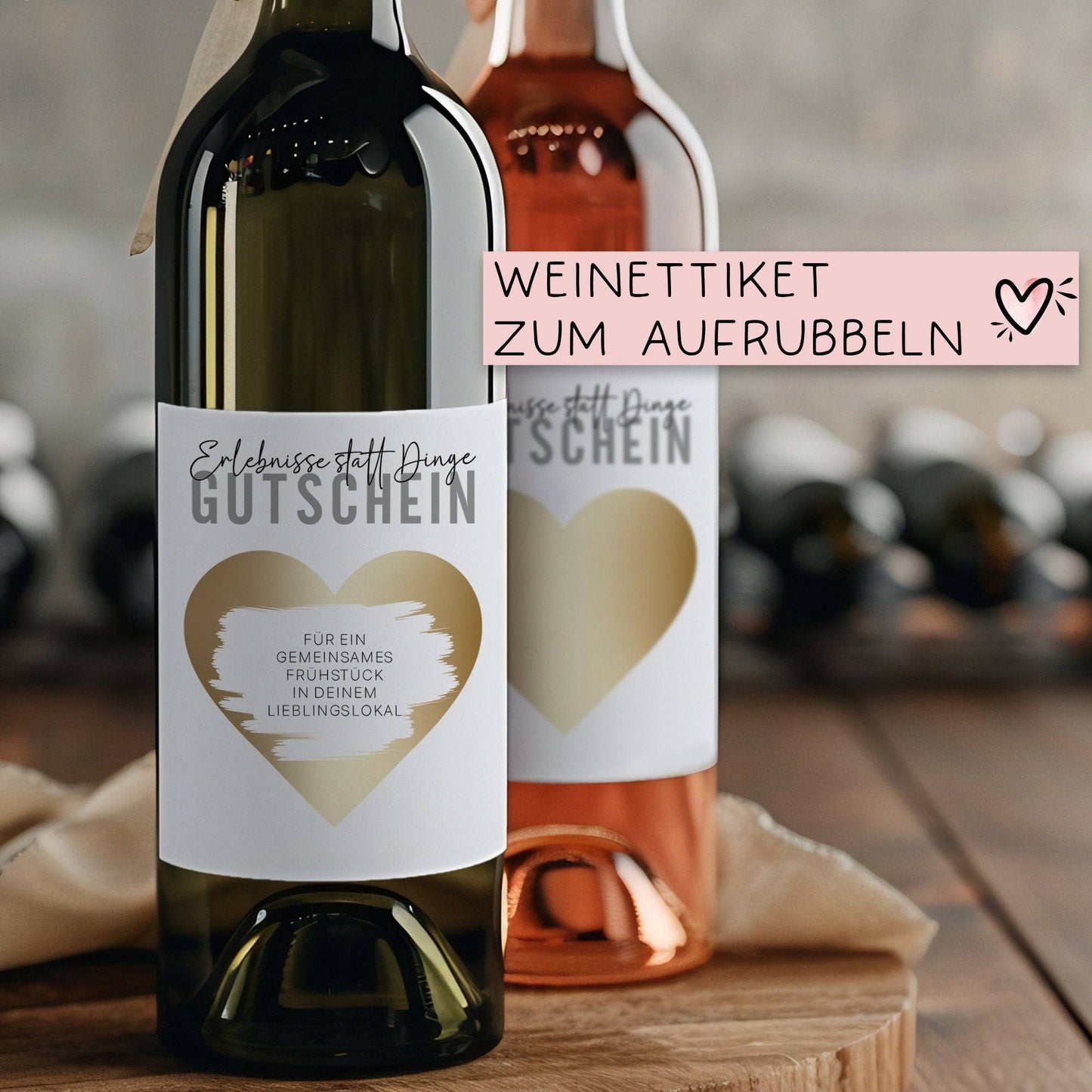 Rubbellos | Zeit zu zweit Gutschein | Personalisiertes Weinflaschen-Etikett | Weinetikett Weihnachten Geburtstag Valentinstag Geschenk kleinebuchstaben Gold Versand per Post