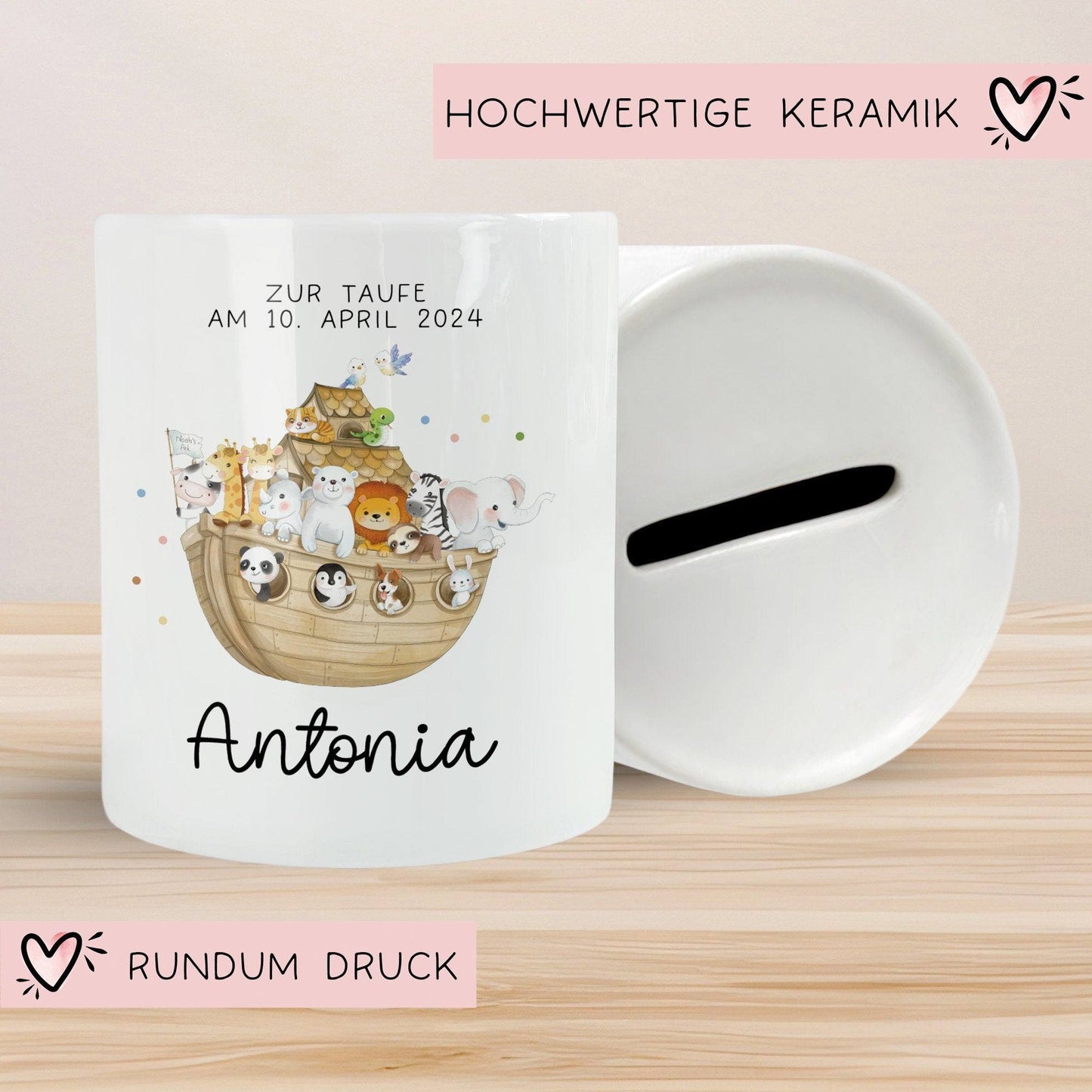 Arche Noah Spardose mit Name Taufgeschenk Spardose Kind Geldgeschenk Taufe Geschenke Babygeschenke Baby personalisiert Geburt Geschenke kleinebuchstaben