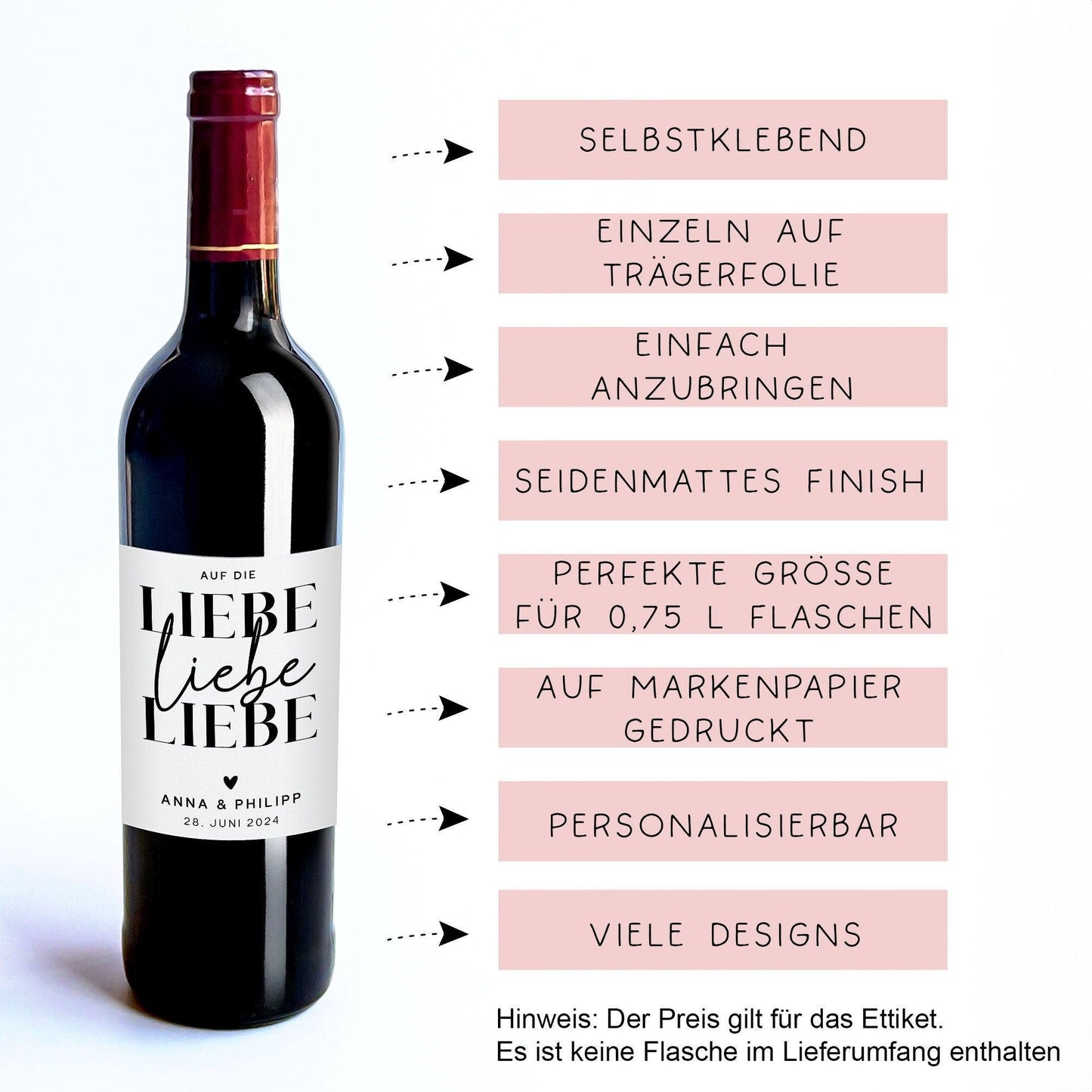 Weinlabel | Hochzeitsgeschenk | Auf die Liebe Liebe Liebe | Wein Flaschen Etikett | Personalisiert mit Namen und Datum | Geschenk Brautpaar kleinebuchstaben