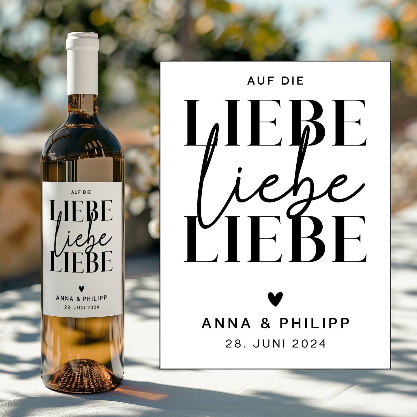 Weinlabel | Hochzeitsgeschenk | Auf die Liebe Liebe Liebe | Wein Flaschen Etikett | Personalisiert mit Namen und Datum | Geschenk Brautpaar kleinebuchstaben