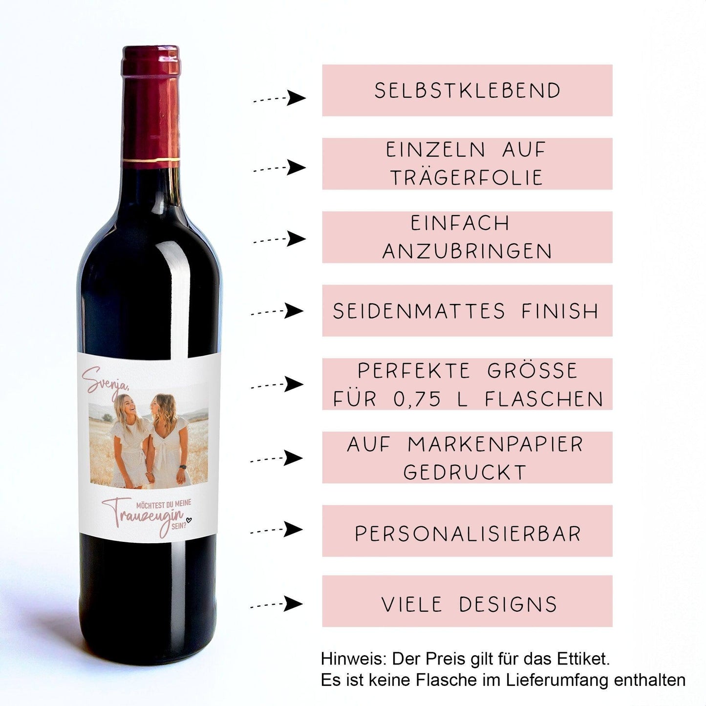 Personalisiertes Weinetikett "Möchtest Du meine Trauzeugin sein?" Flaschenetikett mit Name und Foto, besonderes Geschenk für Freundinnen. kleinebuchstaben